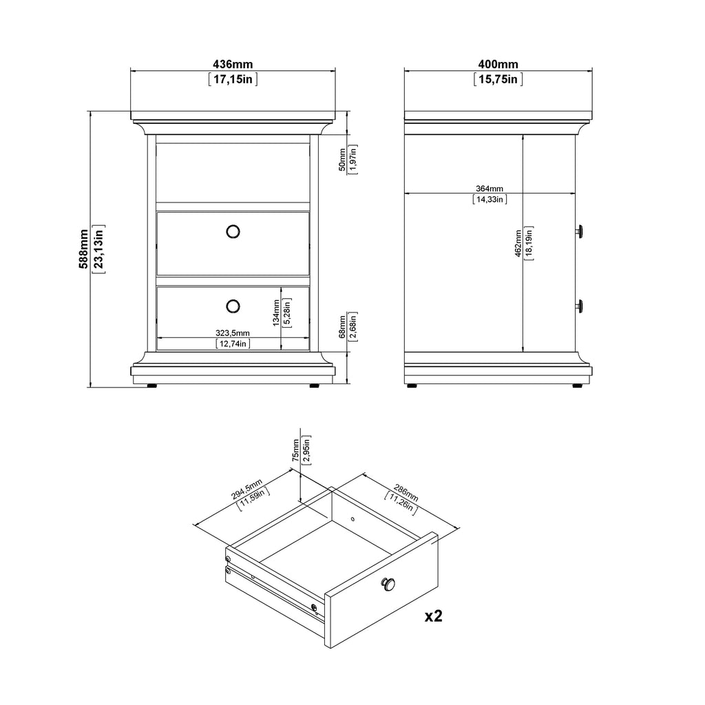 Paris Bedside 2 Drawers in Matt Grey