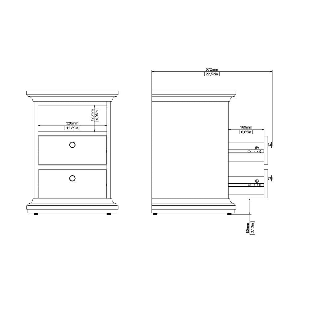 Paris Bedside 2 Drawers in Matt Grey