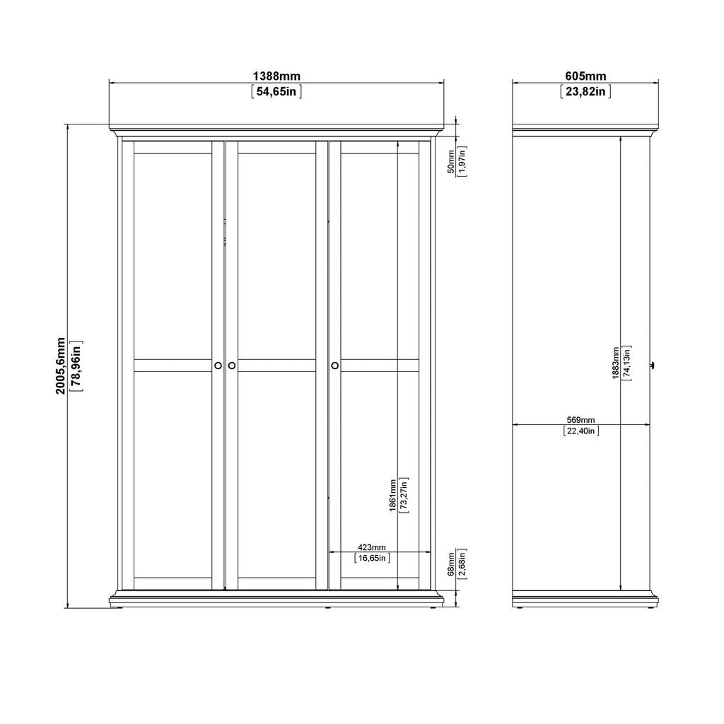 Paris Wardrobe with 3 Doors in Matt Grey