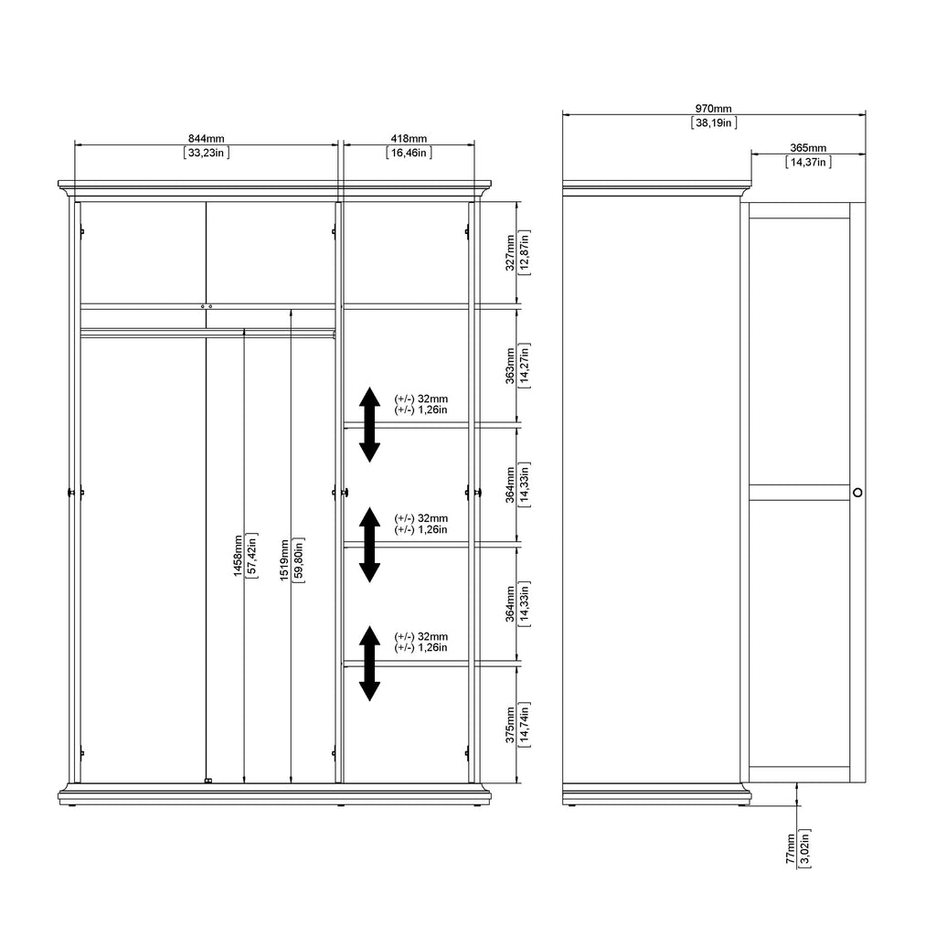 Paris Wardrobe with 3 Doors in Matt Grey