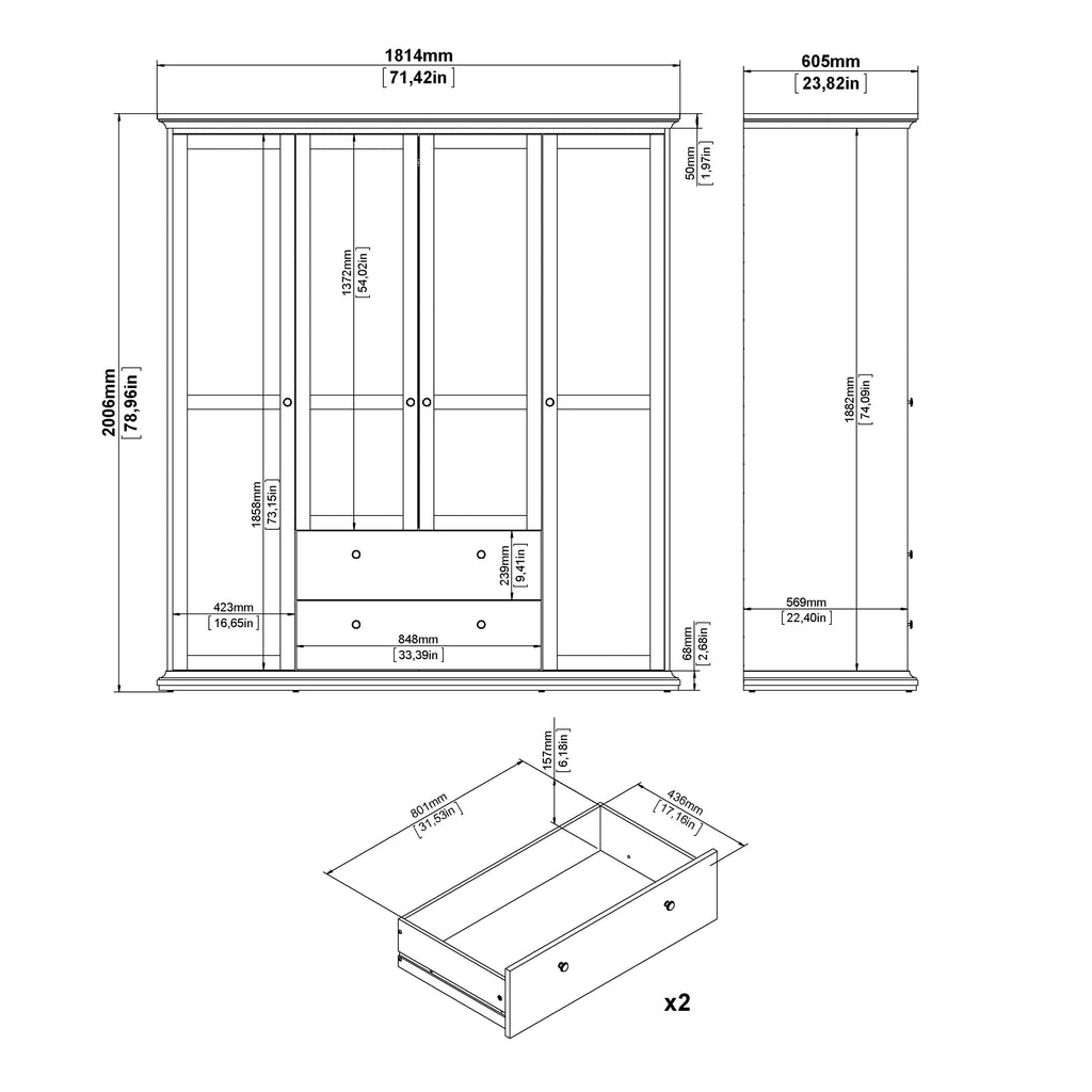 Paris Wardrobe with 4 Doors and 2 Drawers in Matt Grey