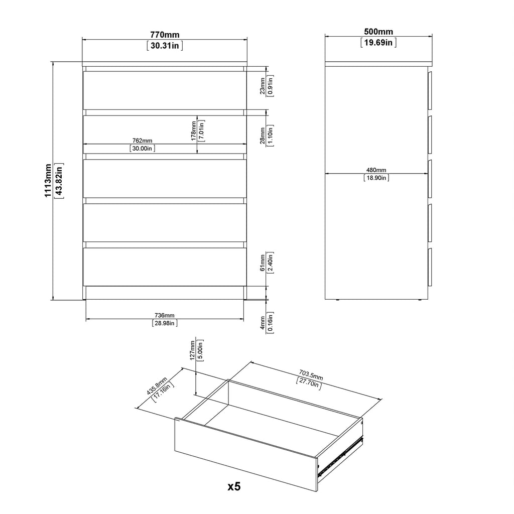 Naia Chest of 5 Drawers in White