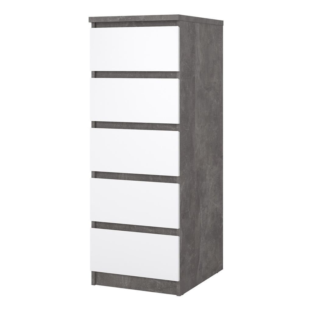 Naia Narrow Chest of 5 Drawers in Concrete and White High Gloss