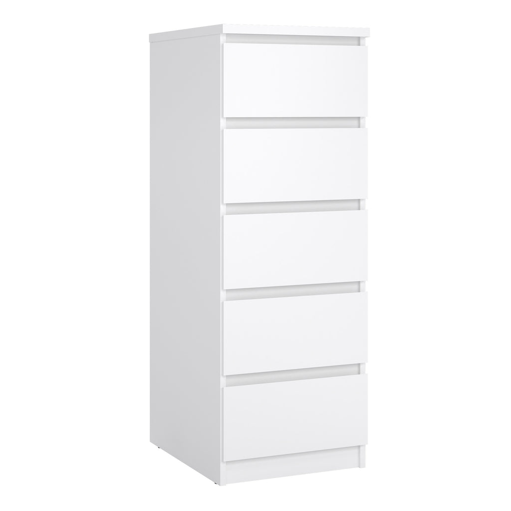 Naia Narrow Chest of 5 Drawers in White High Gloss