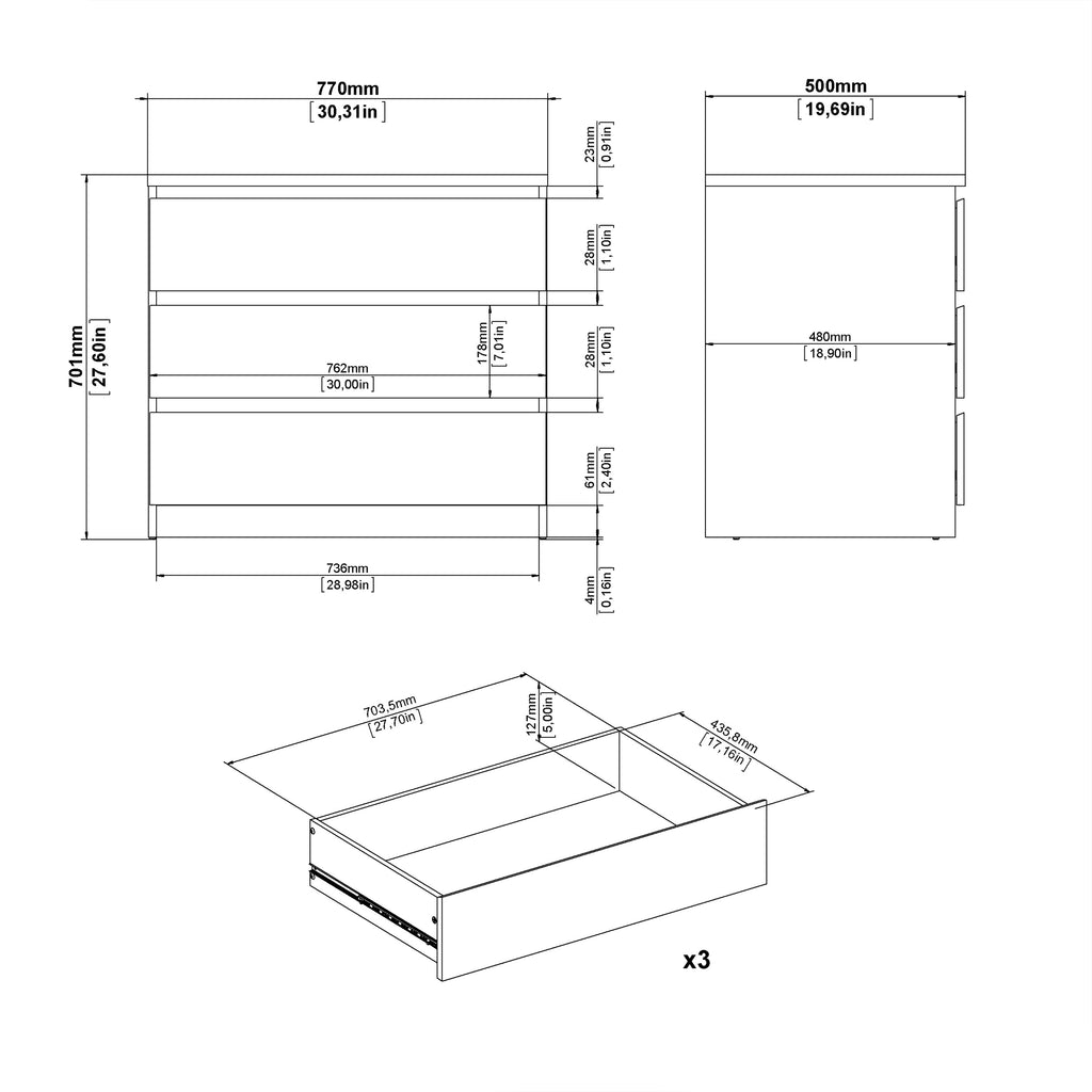 Naia Chest of 3 Drawers in White