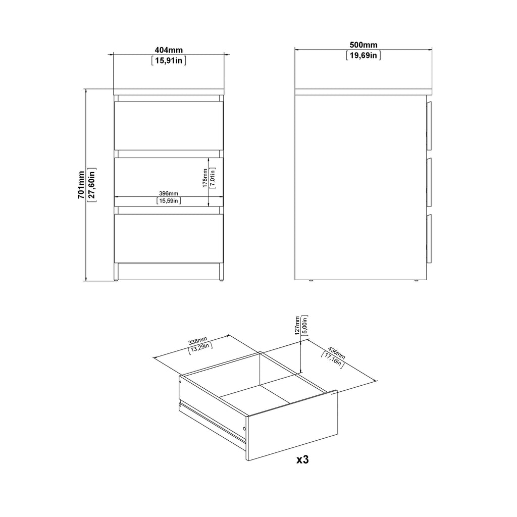 Naia Bedside 3 Drawers in White High Gloss