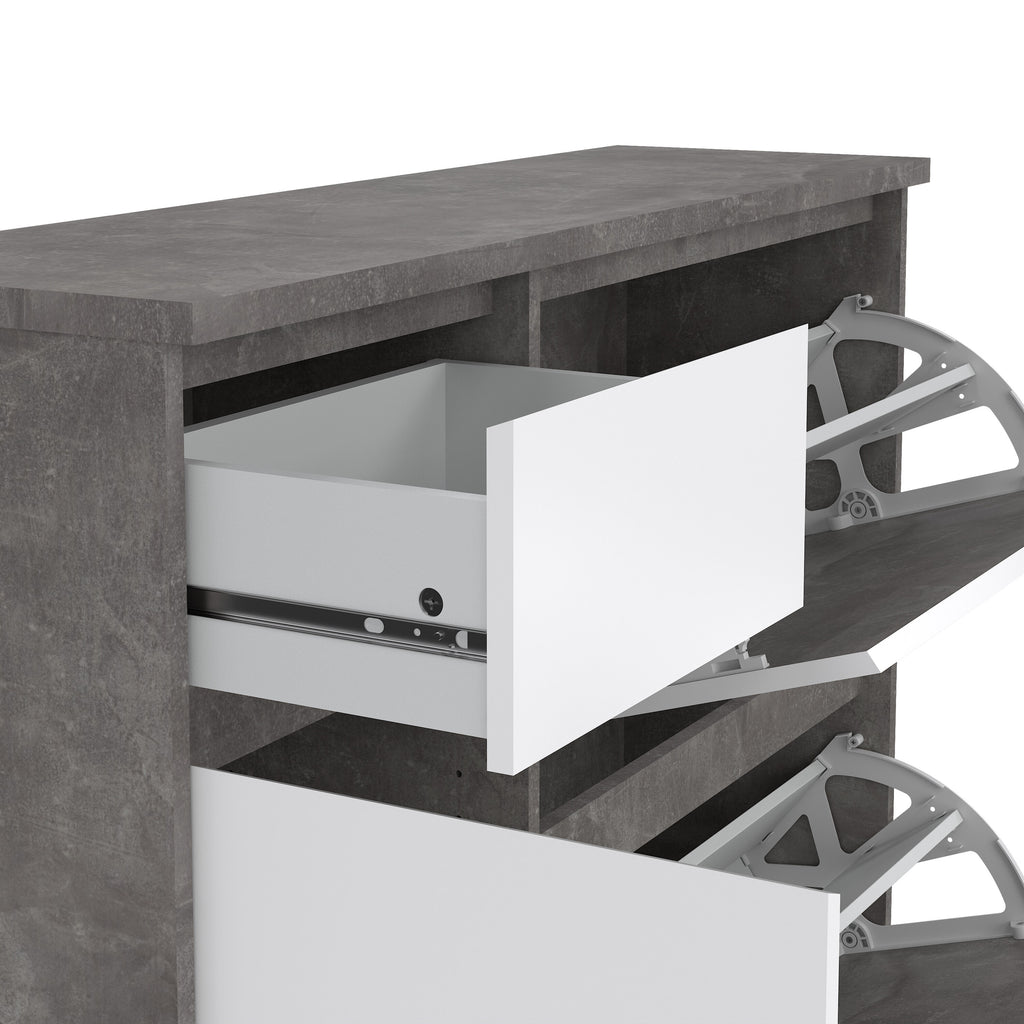 Naia Shoe Cabinet with 2 Flip Down Doors 1 Door and 1 Drawer in Concrete and White High Gloss