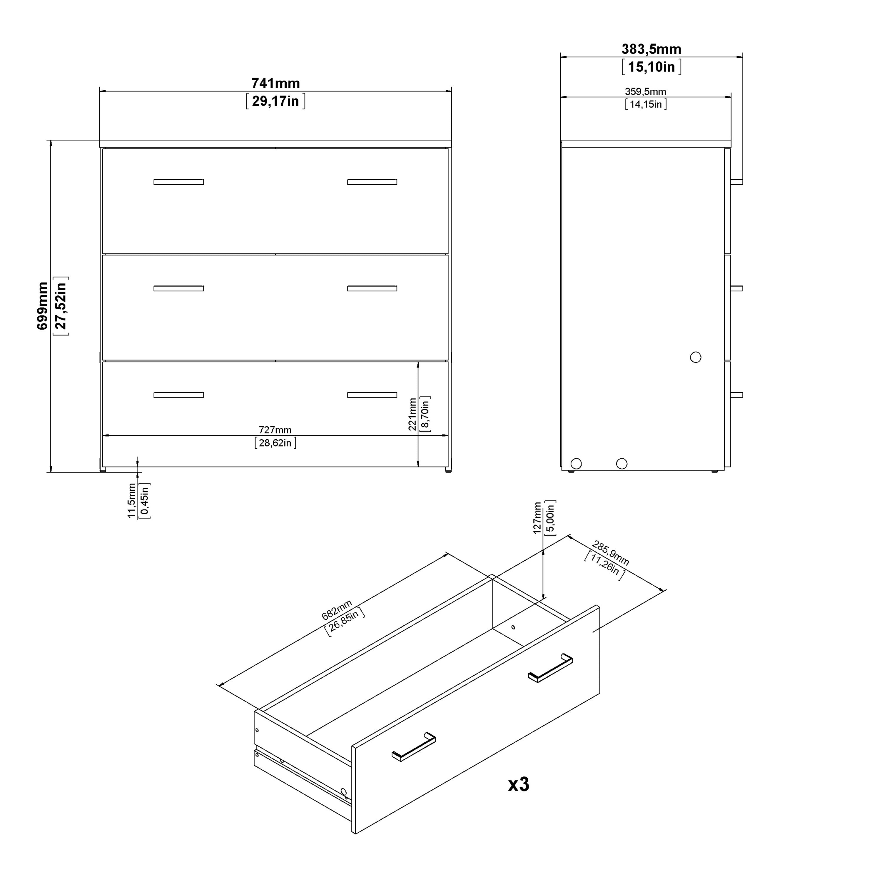 Space Package - Bedside 1 Drawer + Chest of 3 Drawers + Wardrobe with 2 Doors in White