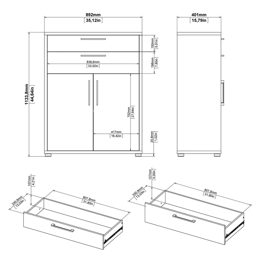 Prima Bookcase 3 Shelves with 2 Drawers 2 Doors In White
