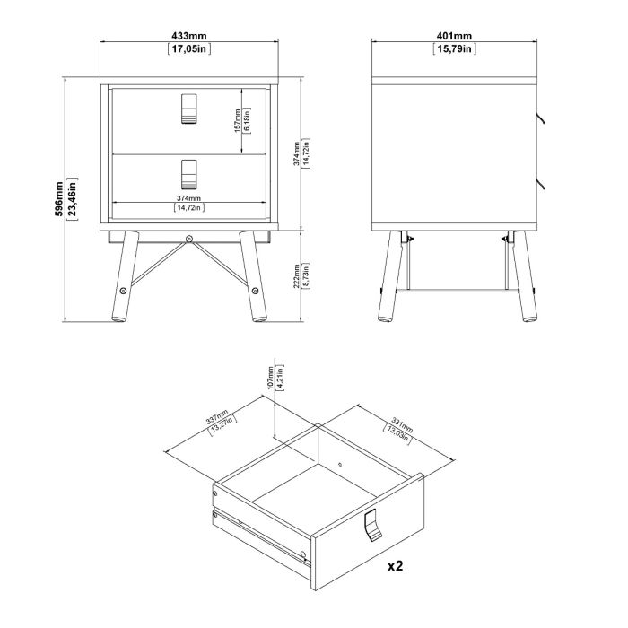 Ry Package - Wardrobe 3 Doors + 3 Drawers + Double chest 6 Drawers + Bedside Cabinet 2 Drawers in Matt Black Walnut