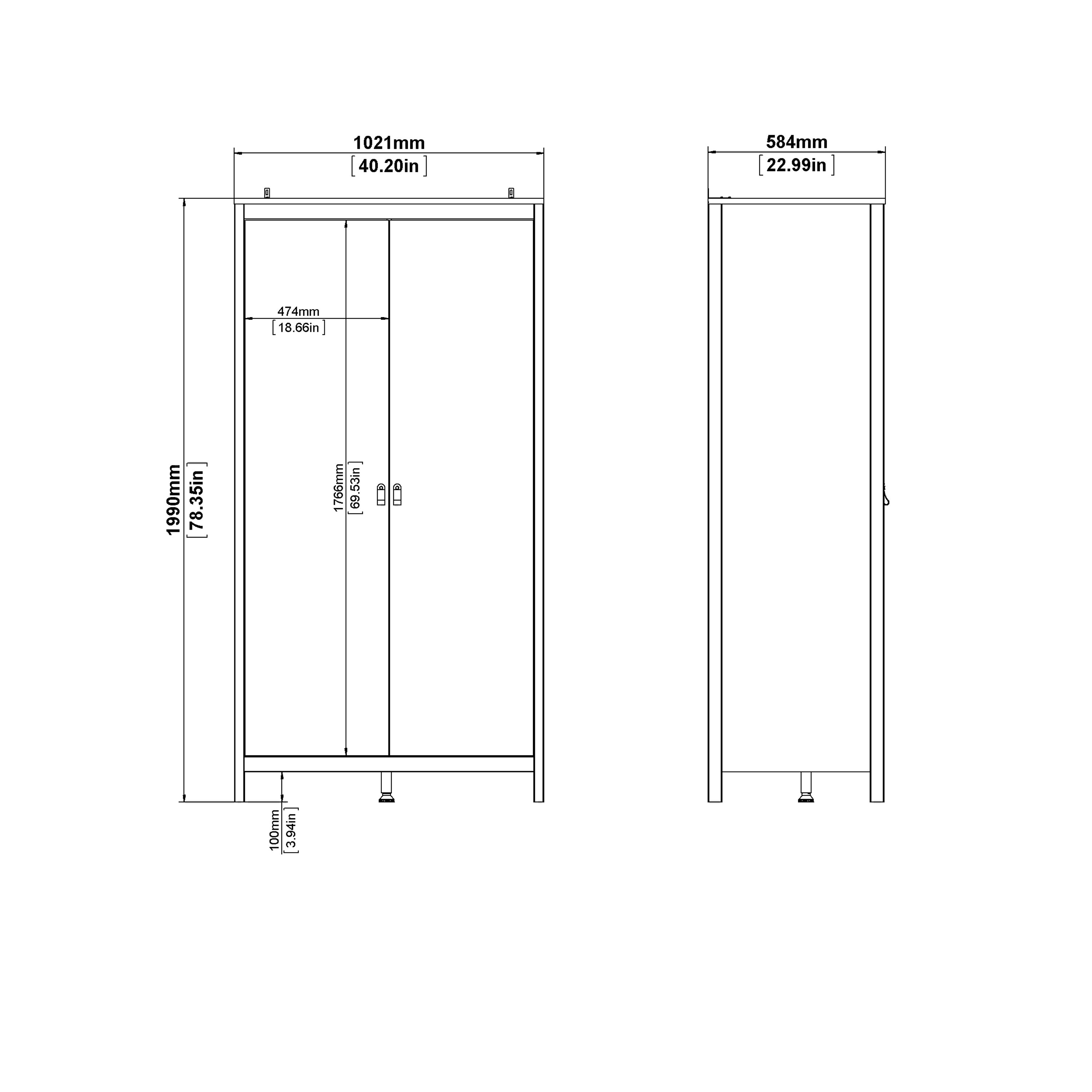 Madrid Package - Bedside Table 2 Drawers + Chest 5 Drawers + Wardrobe with 2 Doors in White