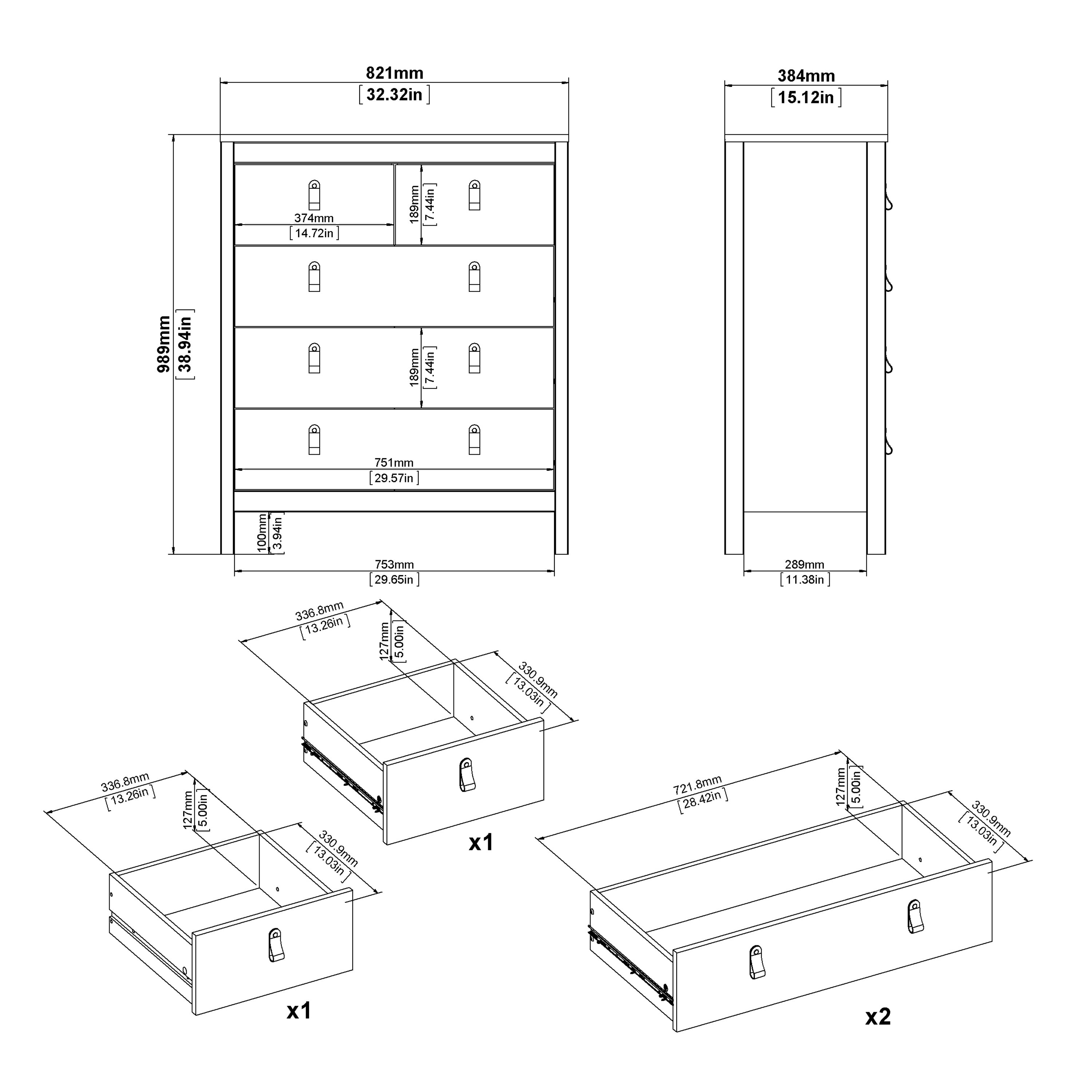 Madrid Package - Bedside Table 2 Drawers + Chest 5 Drawers + Wardrobe with 2 Doors in White
