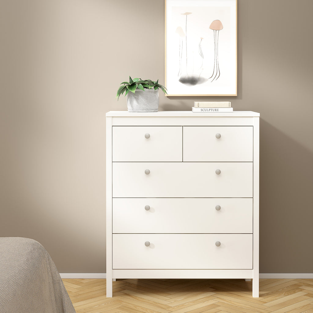 Madrid Package - Bedside Table 2 Drawers + Chest 5 Drawers + Wardrobe with 3 Doors in White