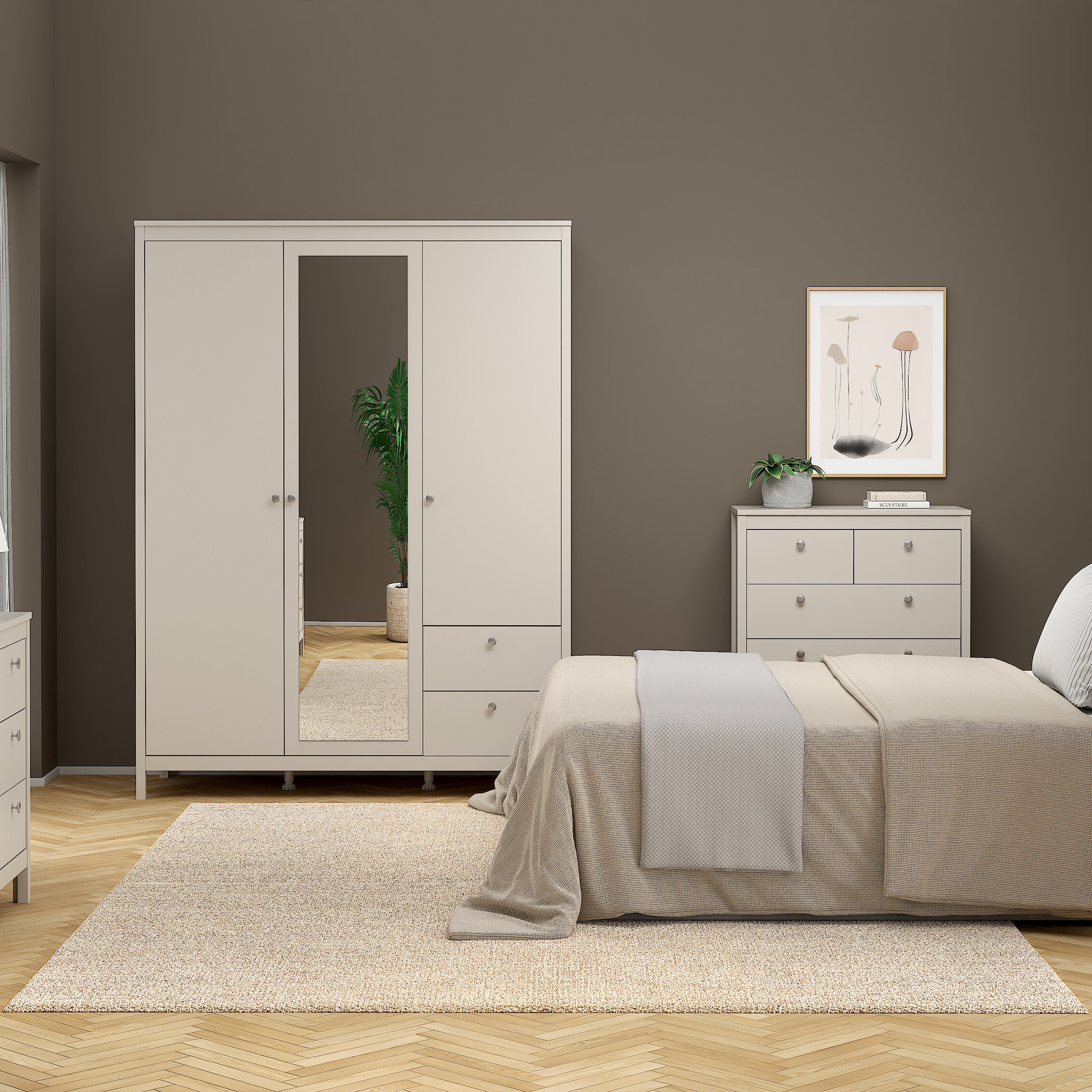 Madrid Wardrobe with 2 Doors + 1 Mirror Door + 2 Drawers in Cashmere