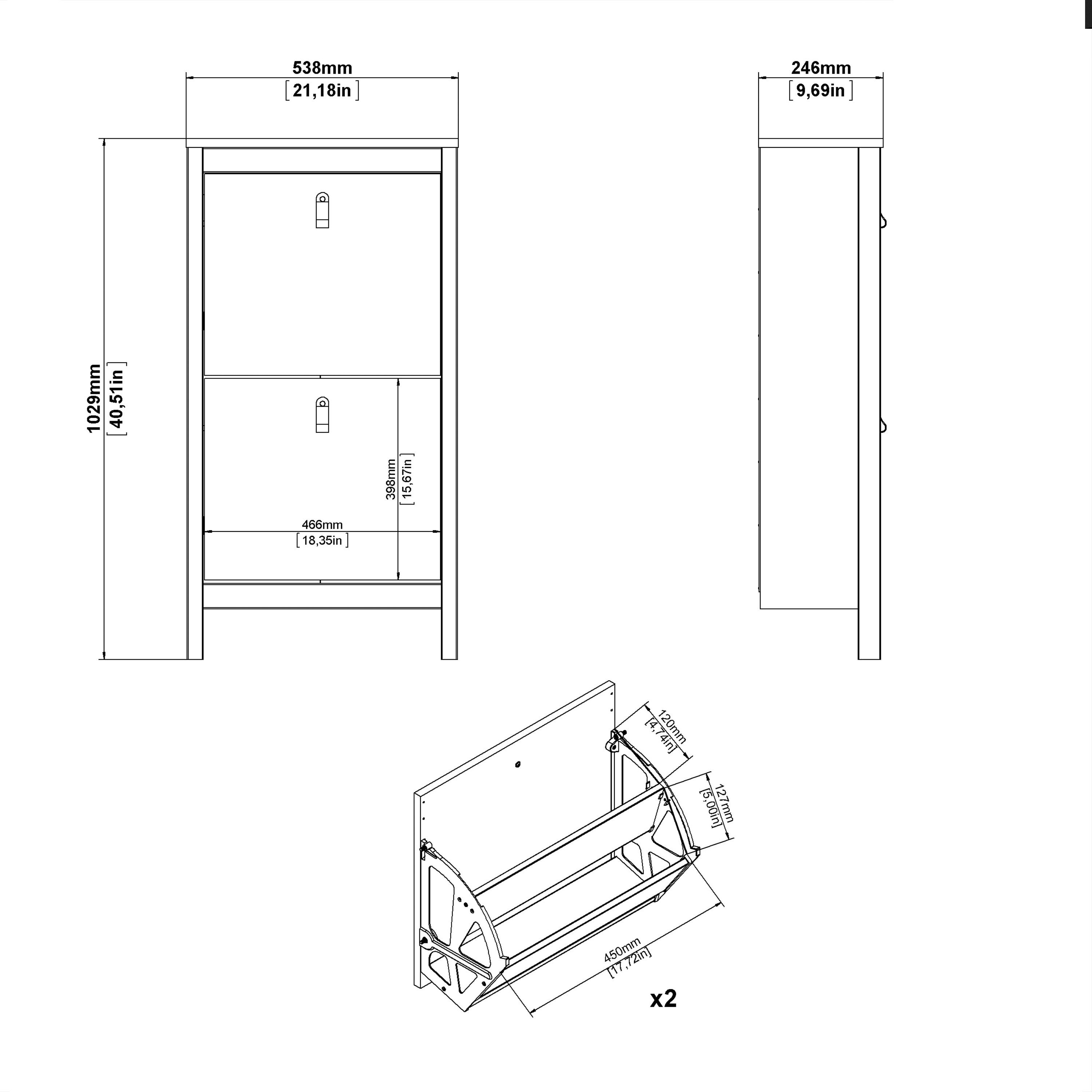 Madrid Shoe Cabinet 2 Flip Down Doors Matt Black