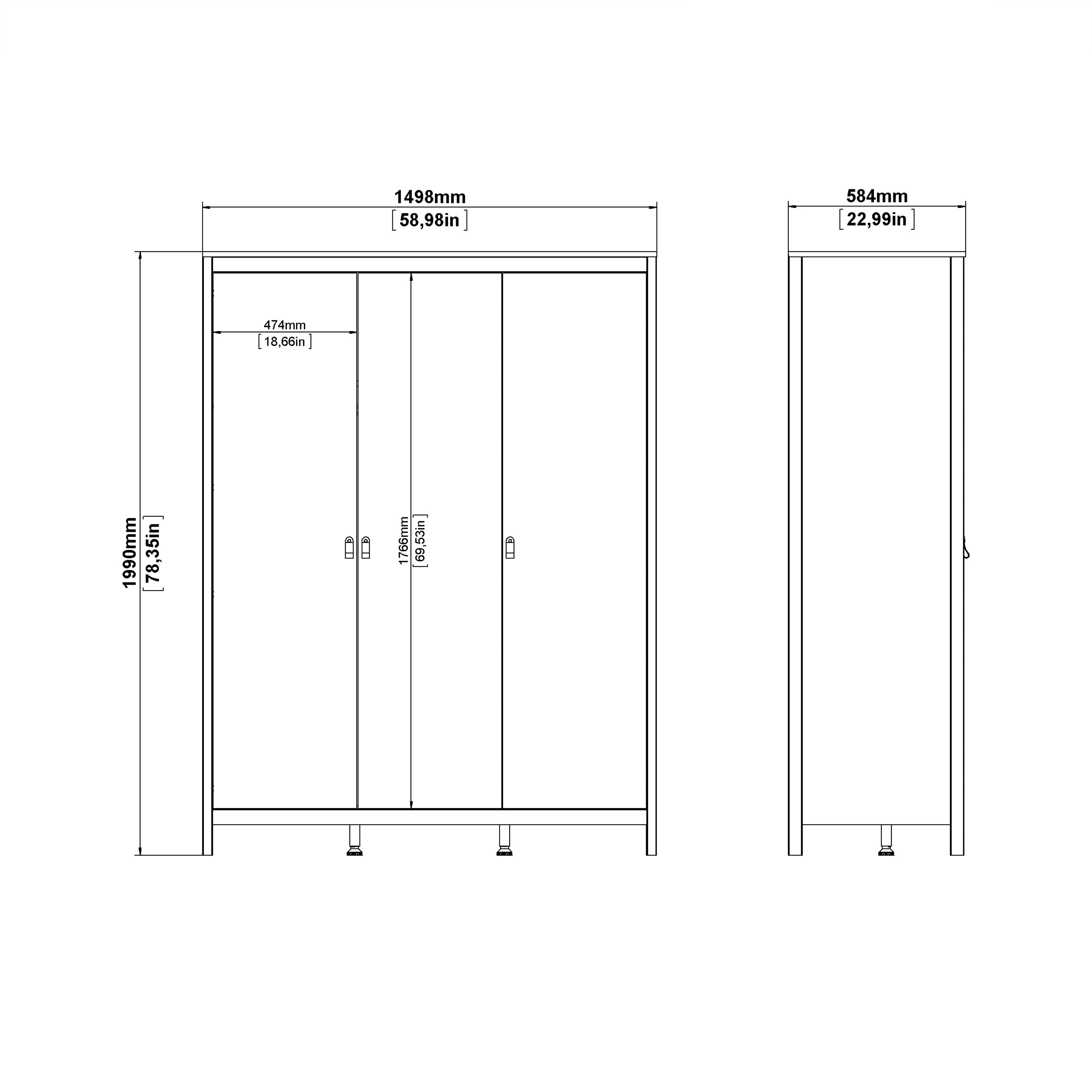 Madrid Package - Bedside Table 2 Drawers + Chest 5 Drawers + Wardrobe with 3 Doors in Matt Black