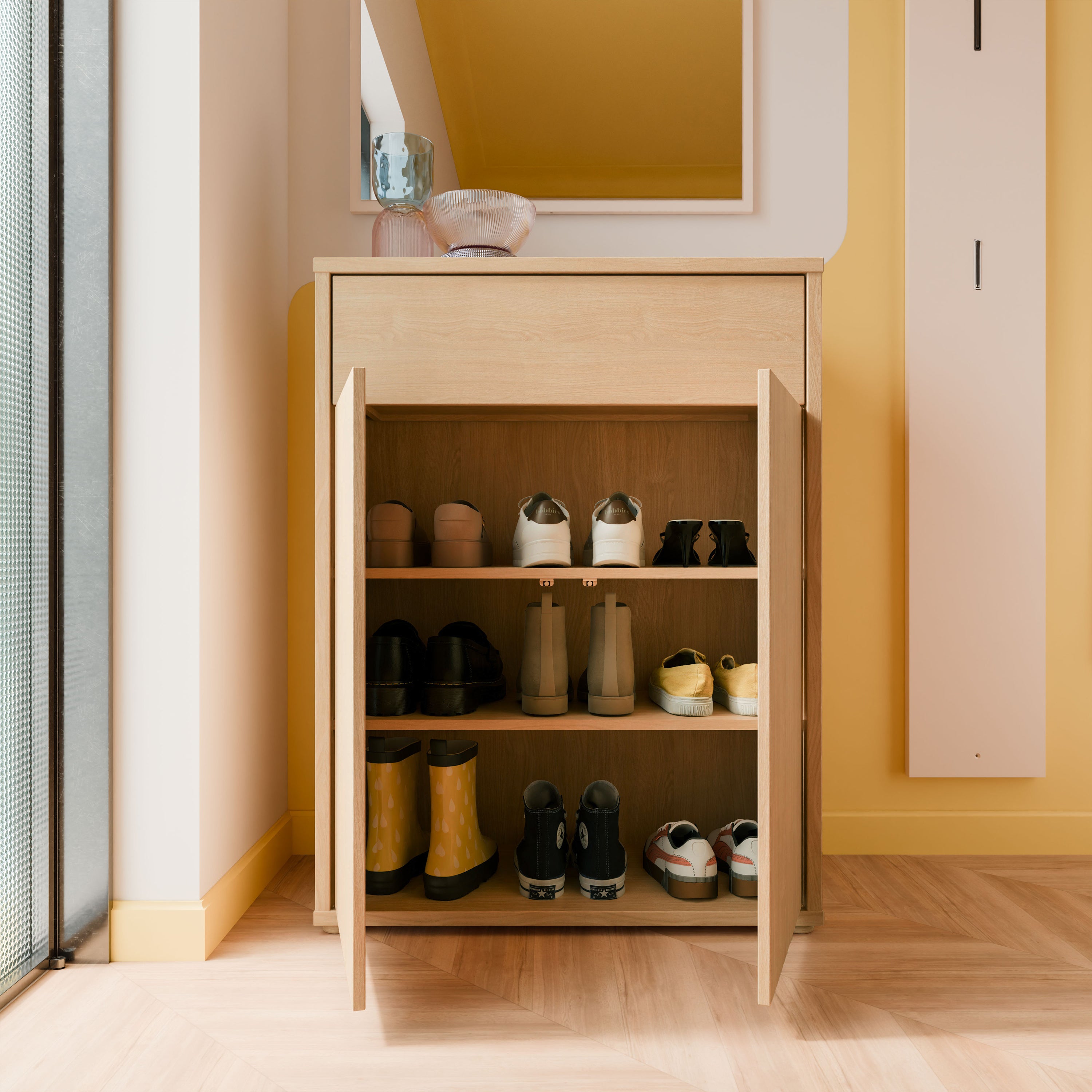 Alice Springs Shoe Cabinet with 2 Doors Push-to-Open & 1 Drawer Push-to-Open in Elegancia Oak