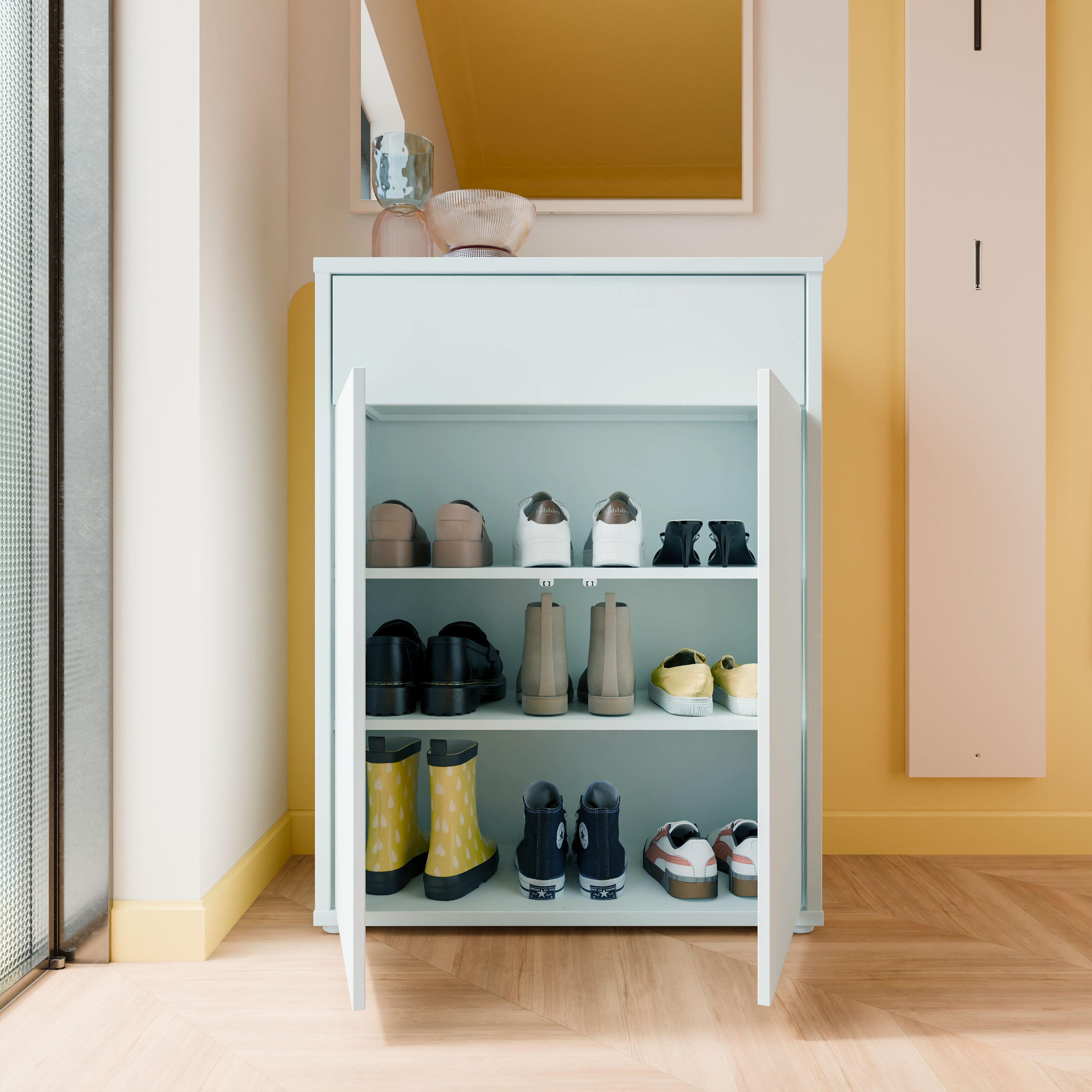Alice Springs Shoe Cabinet with 2 Doors Push-to-Open & 1 Drawer Push-to-Open in Light Grey