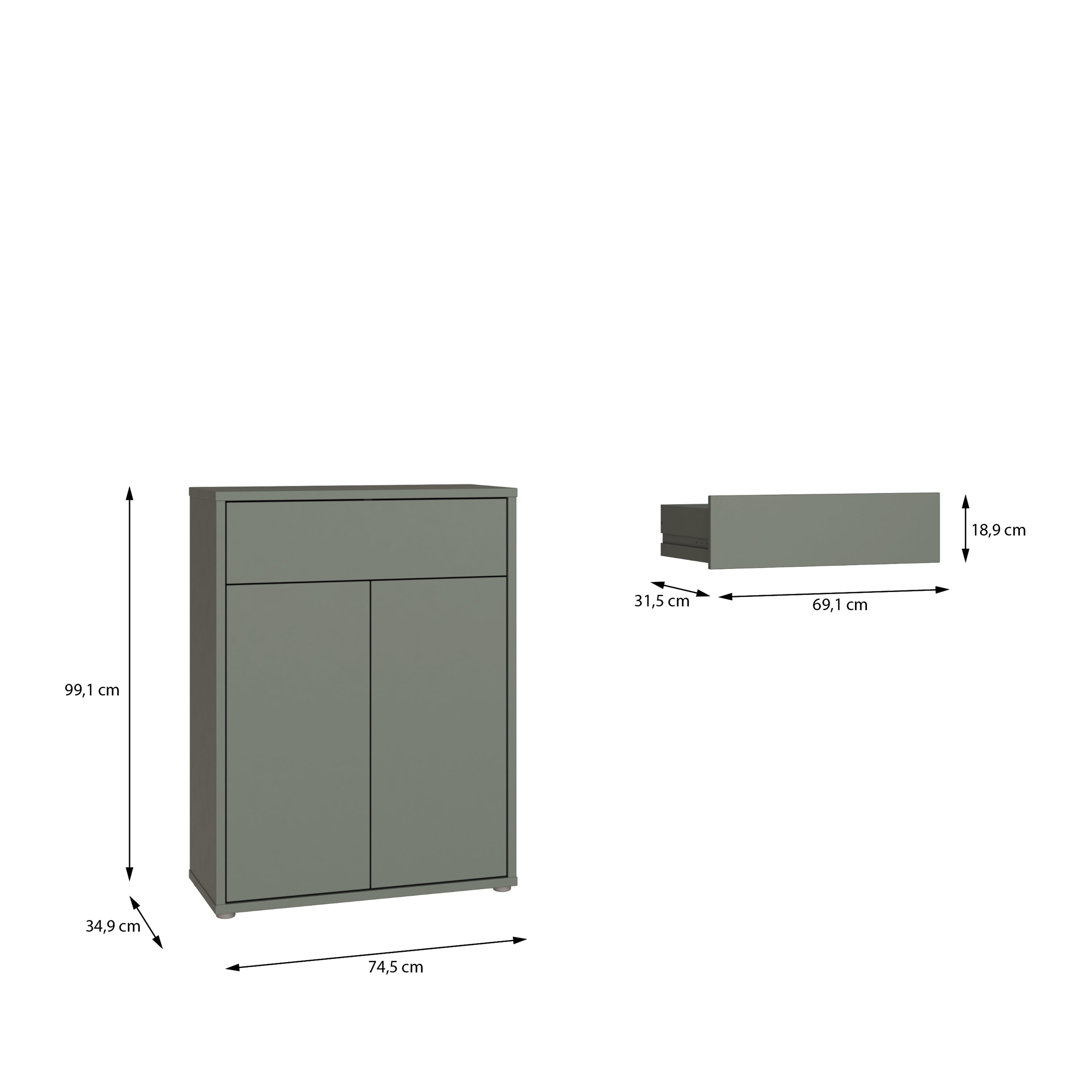 Alice Springs Shoe Cabinet with 2 Doors Push-to-Open & 1 Drawer Push-to-Open in Sage Green