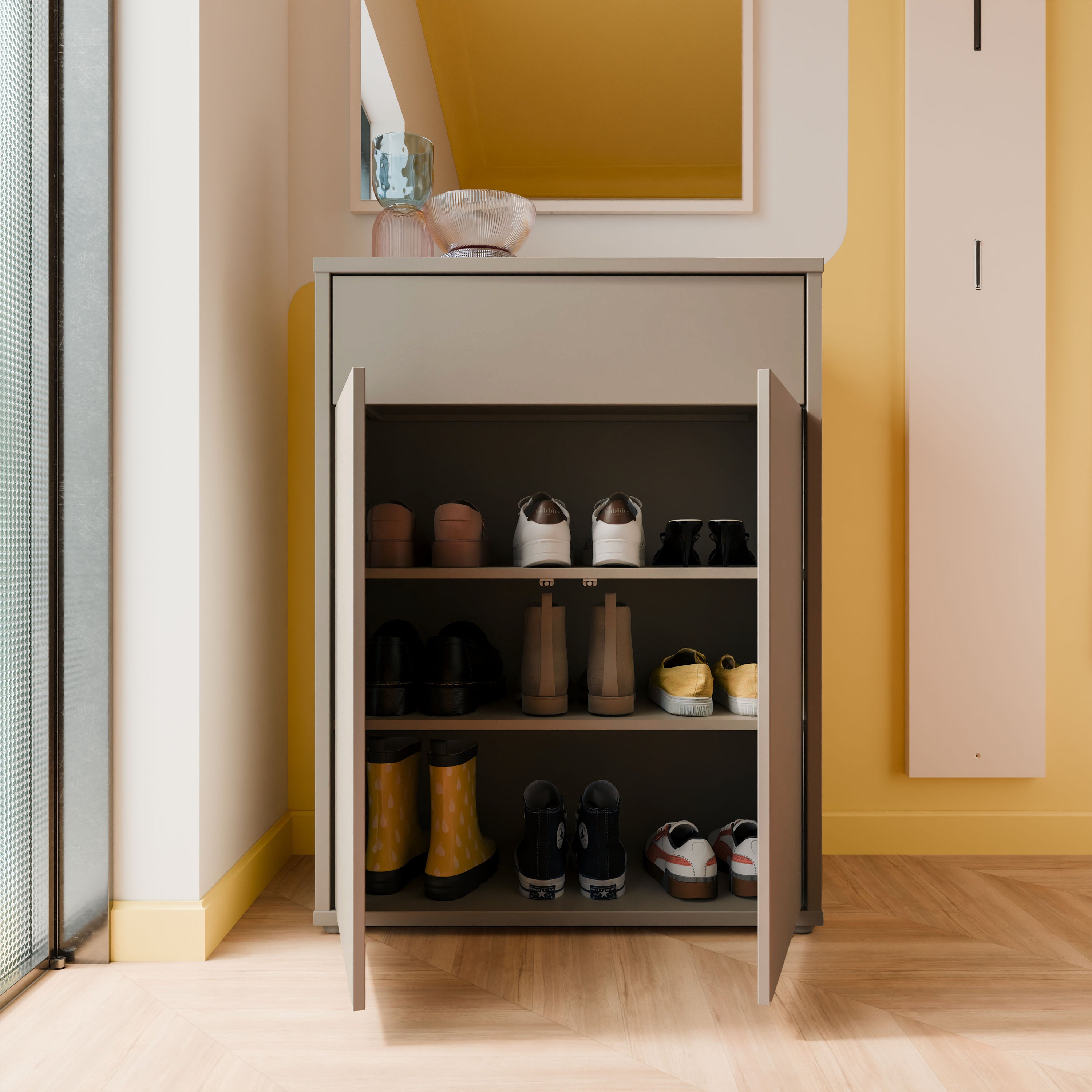 Alice Springs Compact Shoe Cabinet with 2 Doors Push-to-Open & 1 Drawer Push-to-Open in Taupe