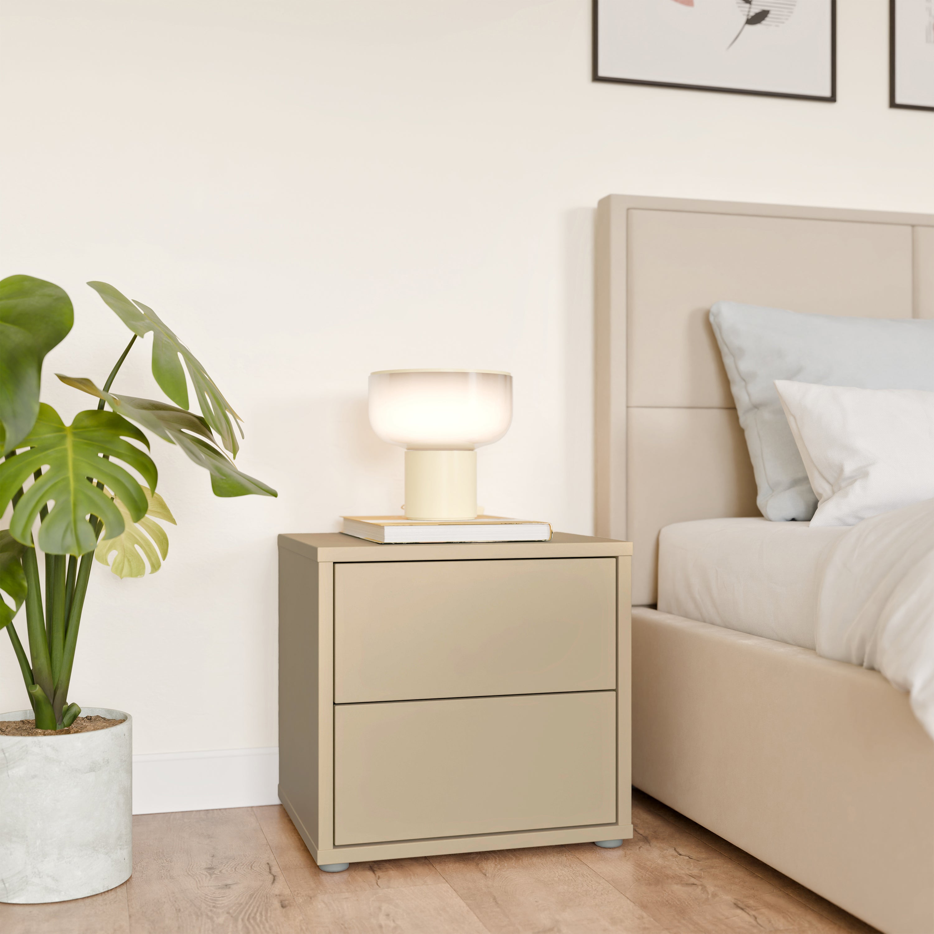 Alice Springs Low Bedside Cabinet with 2 Drawers Push-to-Open in Butter Yellow