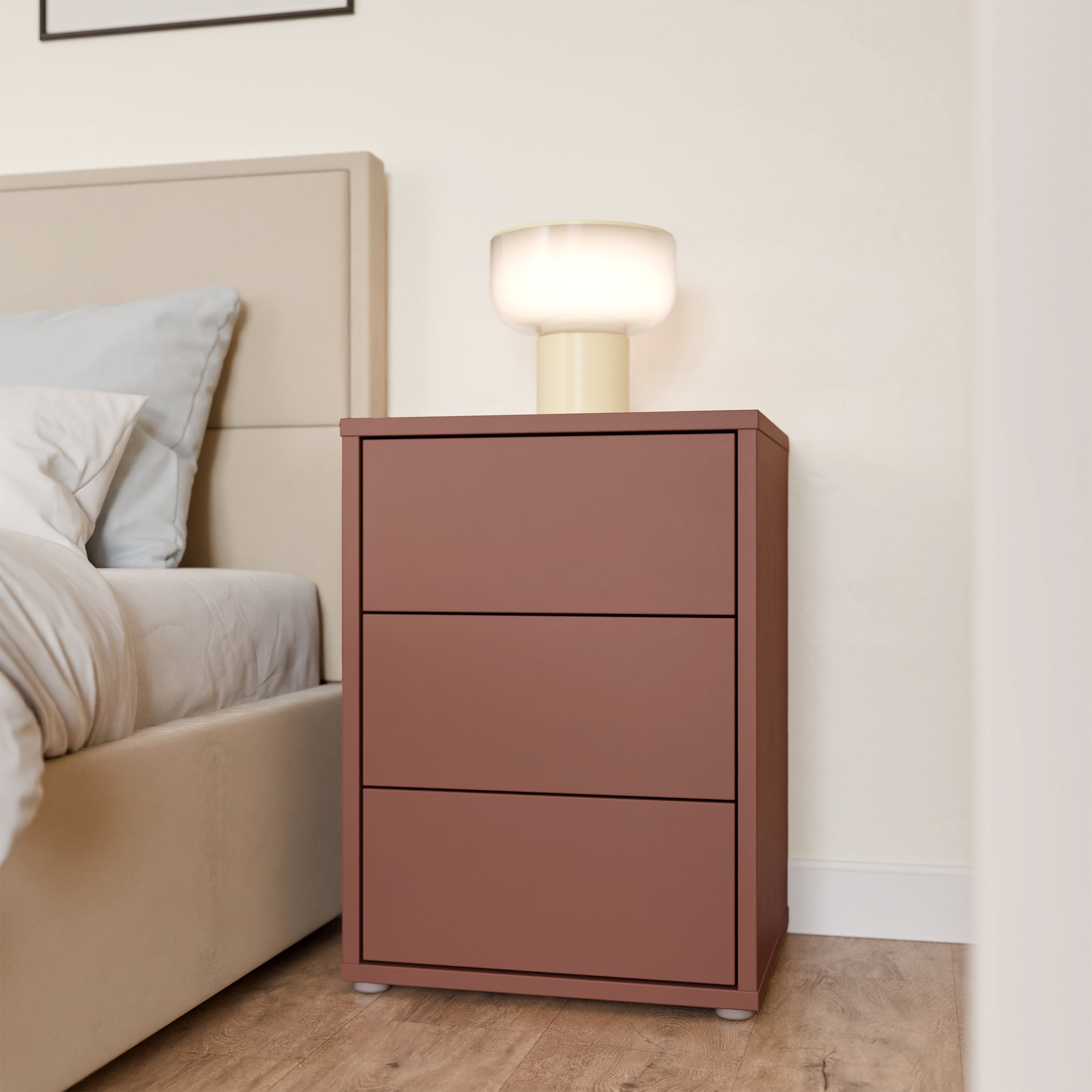 Alice Springs Bedside Cabinet with 3 Drawers Push-to-Open in Terracotta