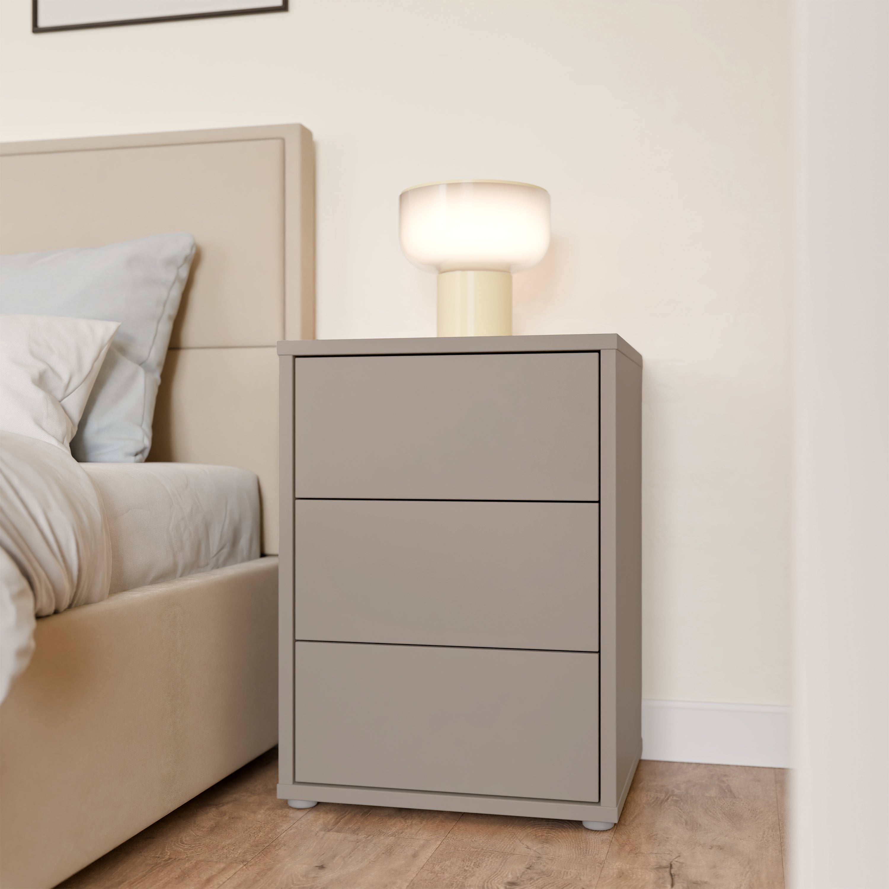 Alice Springs Bedside Cabinet with 3 Drawers Push-to-Open in Taupe