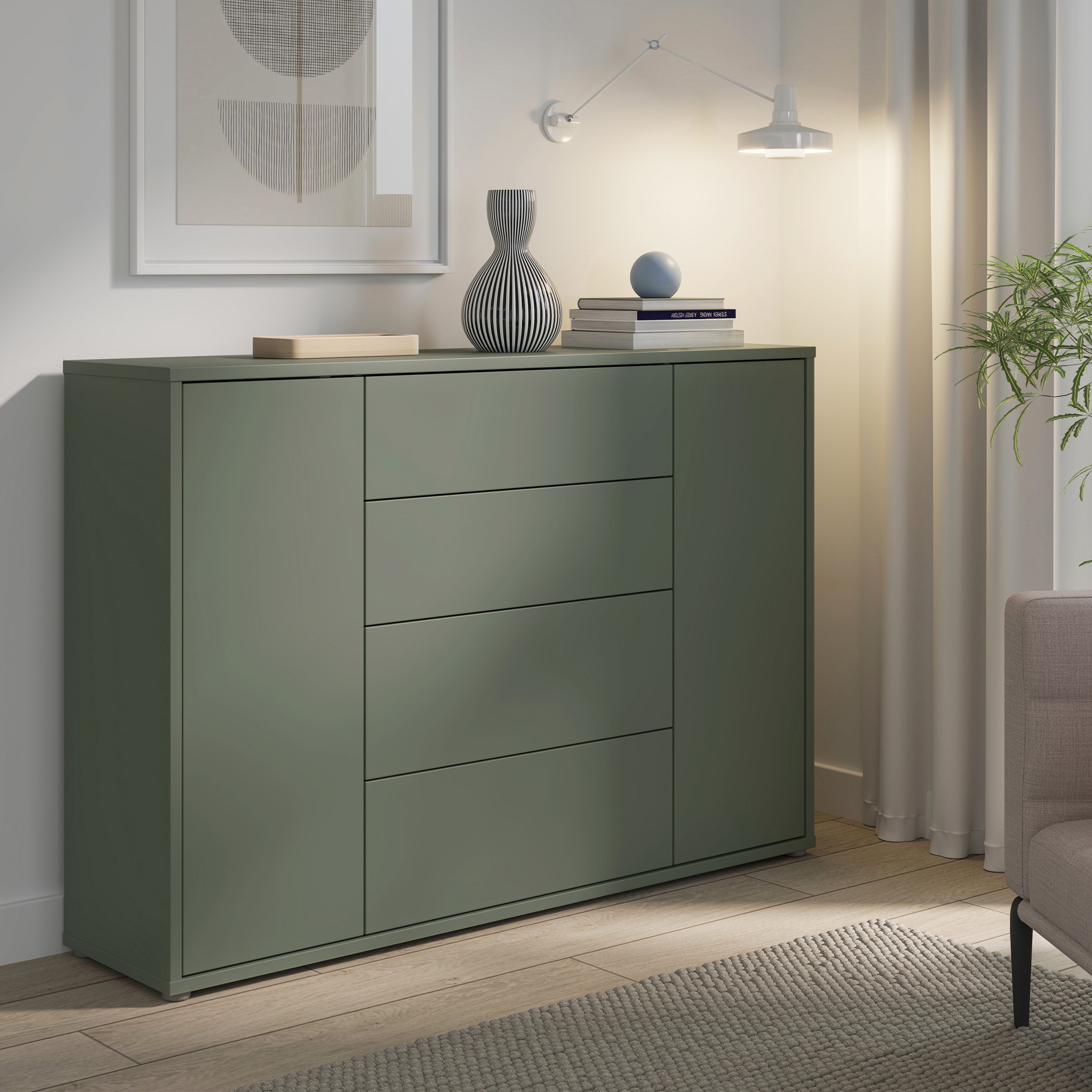 Alice Springs Wide Sideboard with 4 Drawers & 2 Doors with Push-to-Open in Sage Green