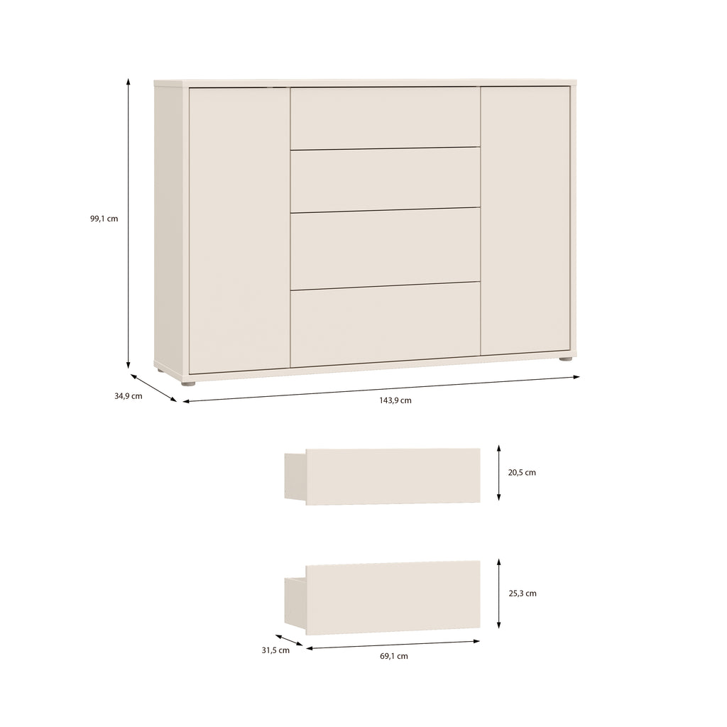 Alice Springs Wide Sideboard with 4 Drawers & 2 Doors with Push-to-Open in Sand
