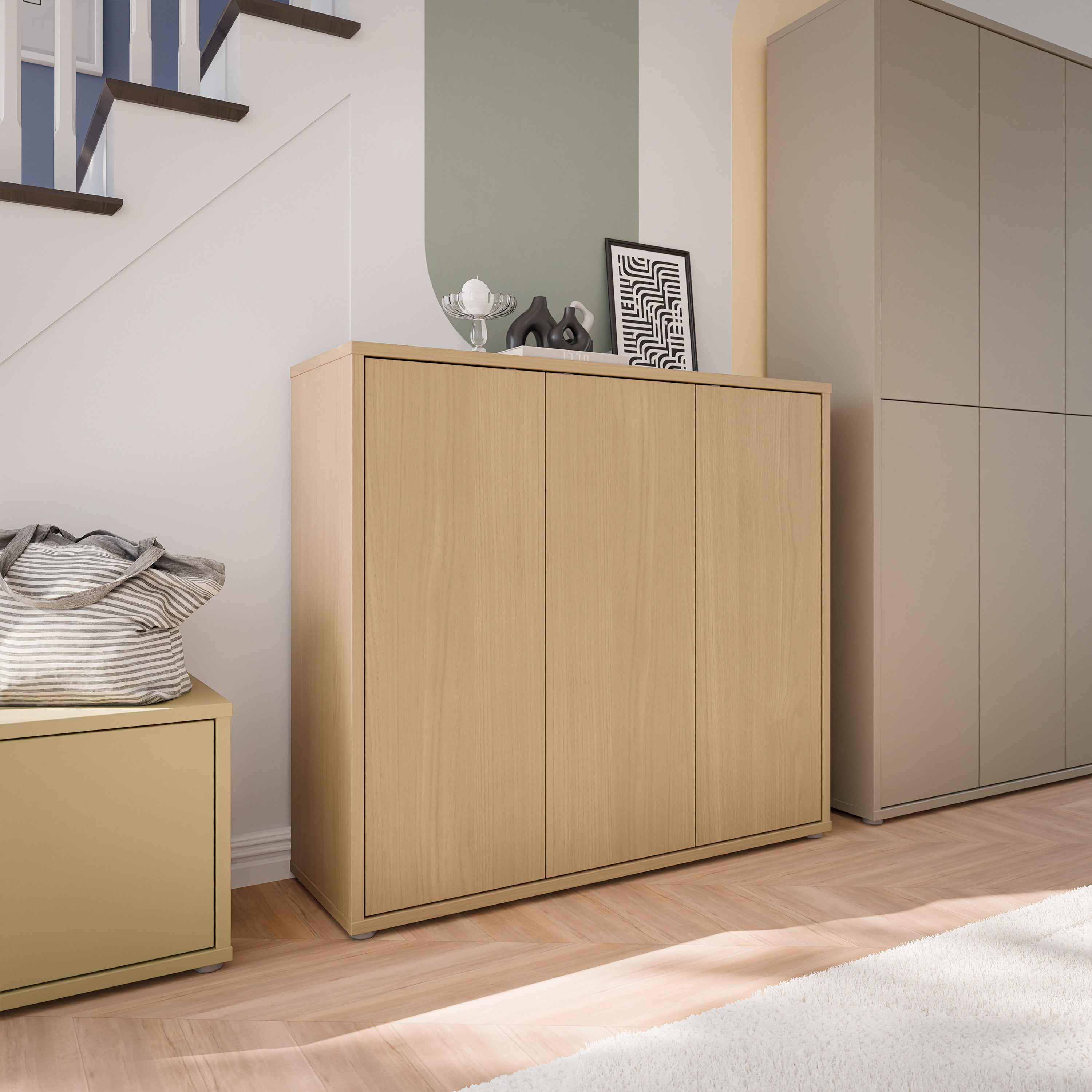 Alice Springs Shoe Cabinet with 3 Doors Push-to-Open in Elegancia Oak