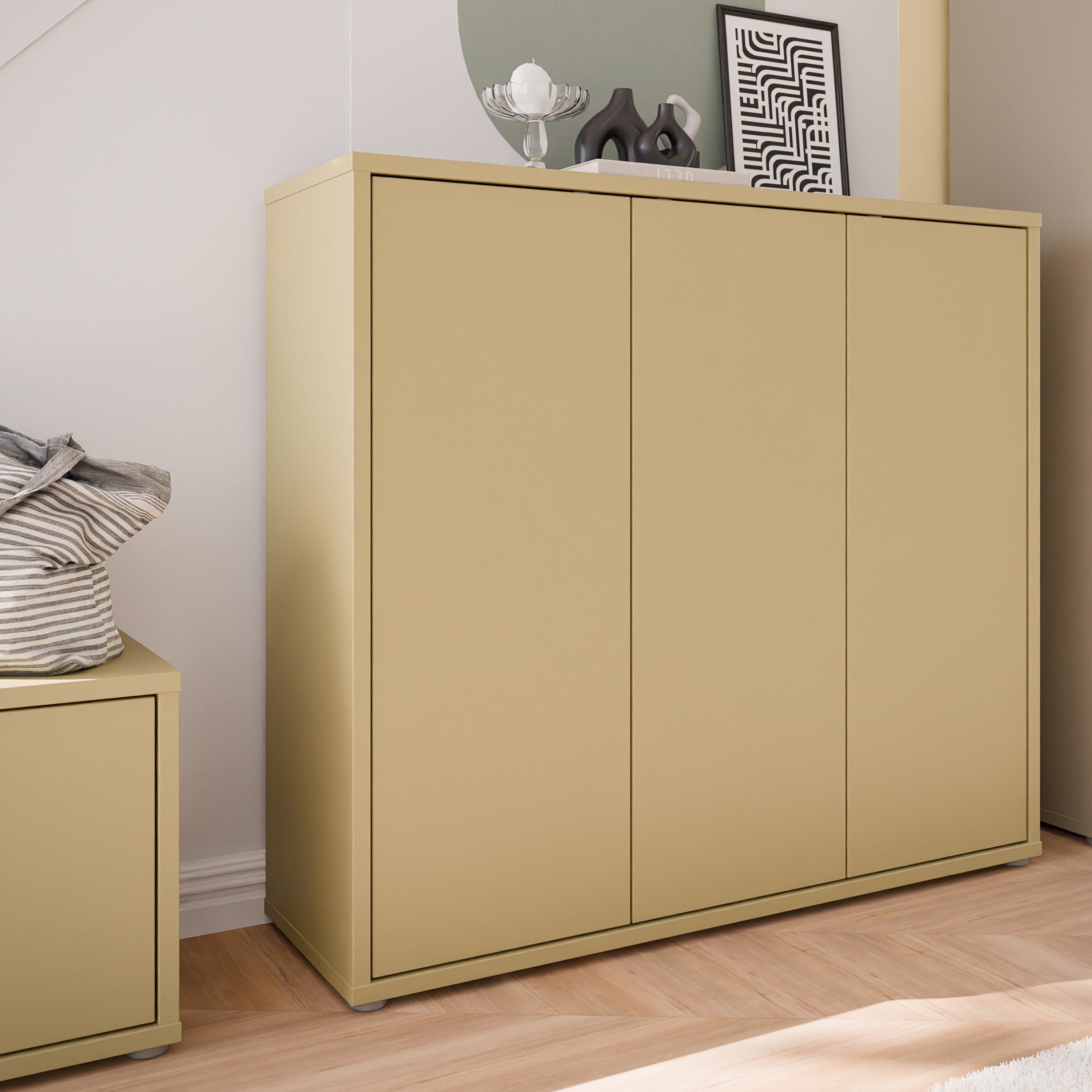Alice Springs Shoe Cabinet with 3 Doors Push-to-Open in Butter Yellow