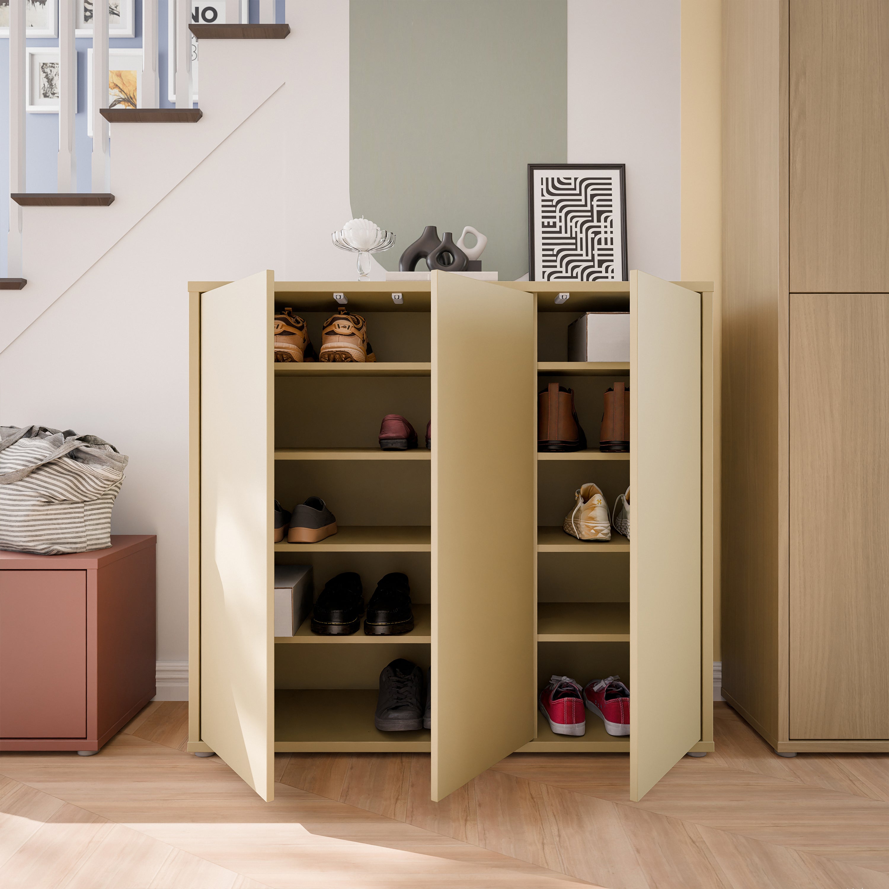 Alice Springs Shoe Cabinet with 3 Doors Push-to-Open in Butter Yellow