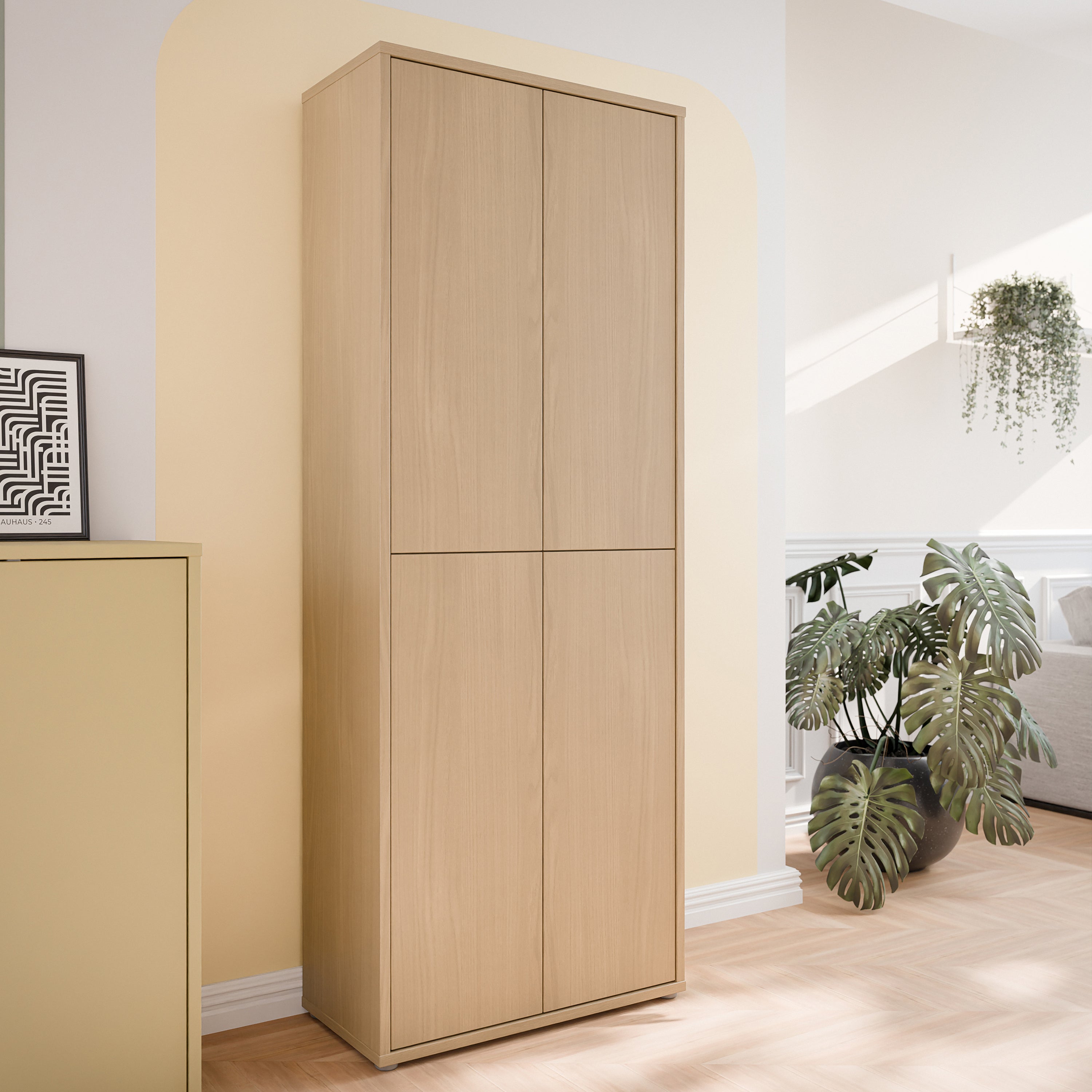 Alice Springs Tall Shoe Cabinet with 4 Doors Push-to-Open in Elegancia Oak