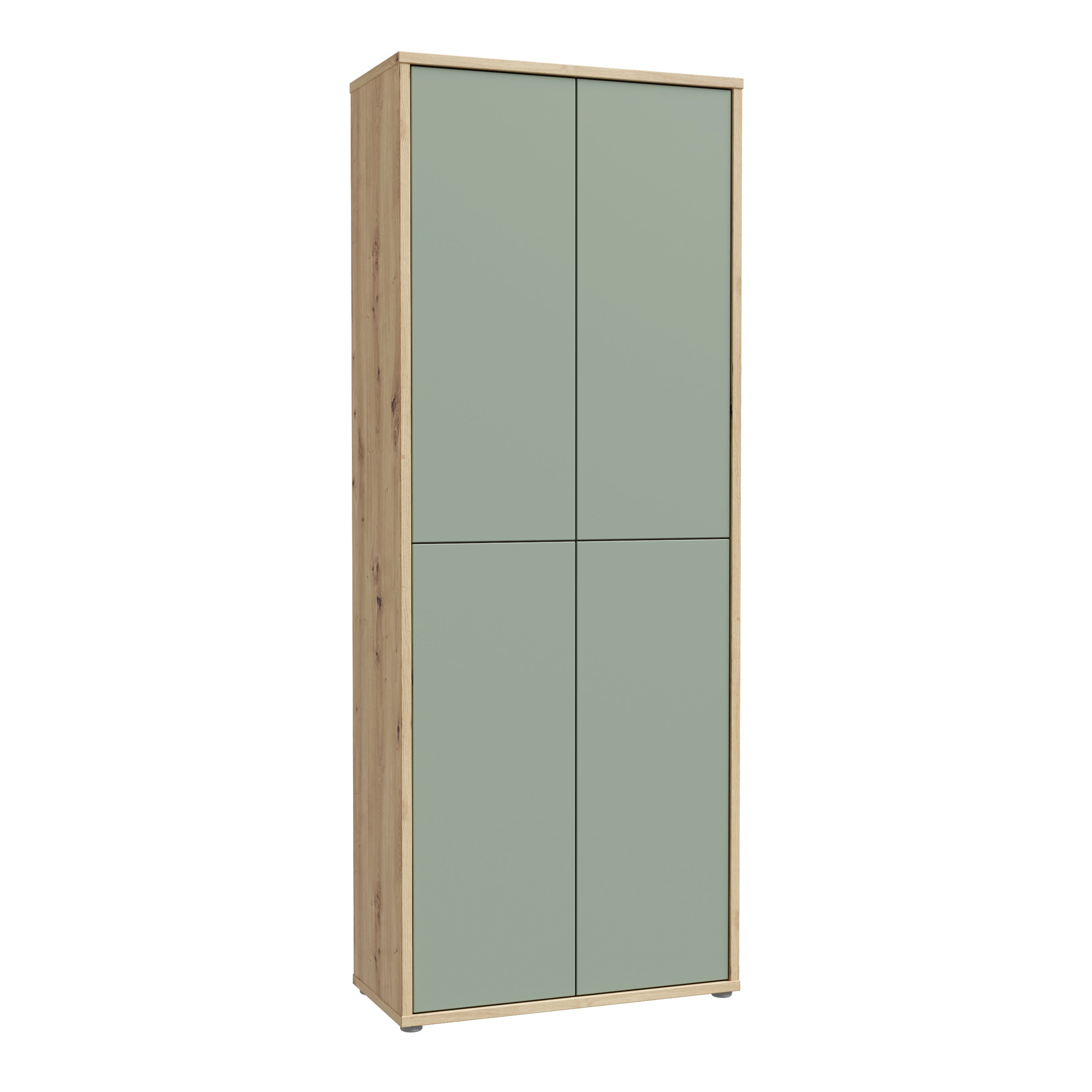 Alice Springs Shoe Cabinet with 4 Doors Push-to-Open in Artisan Oak and Sage Green Doors