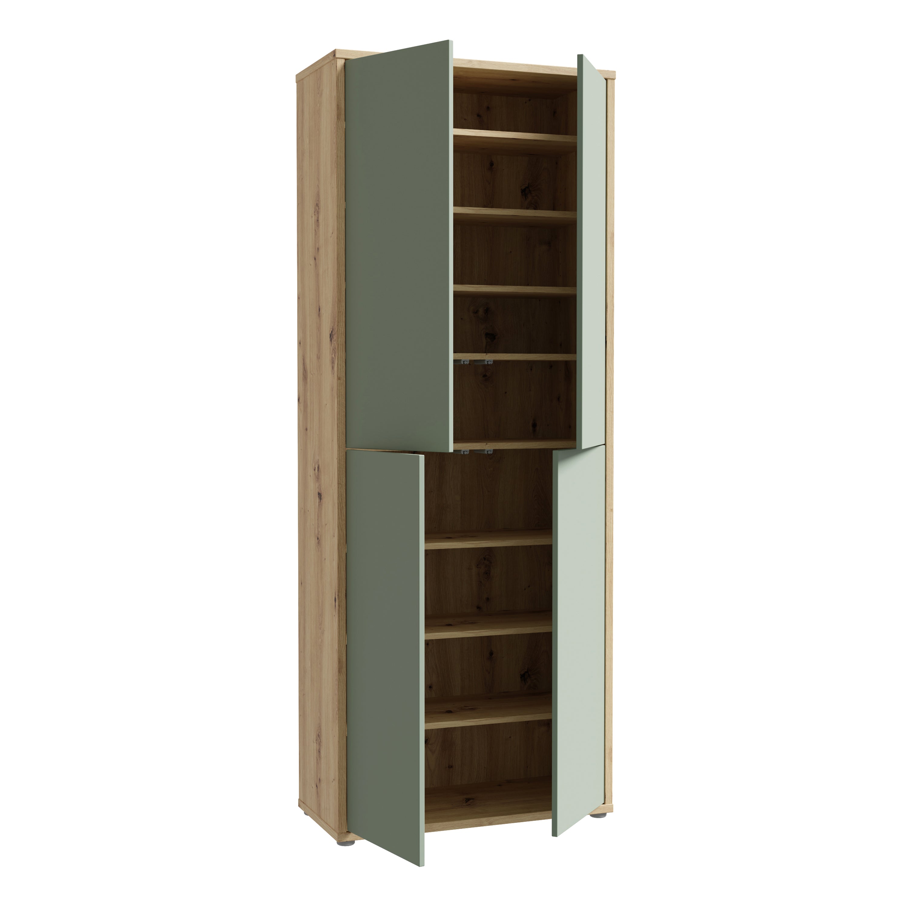 Alice Springs Shoe Cabinet with 4 Doors Push-to-Open in Artisan Oak and Sage Green Doors