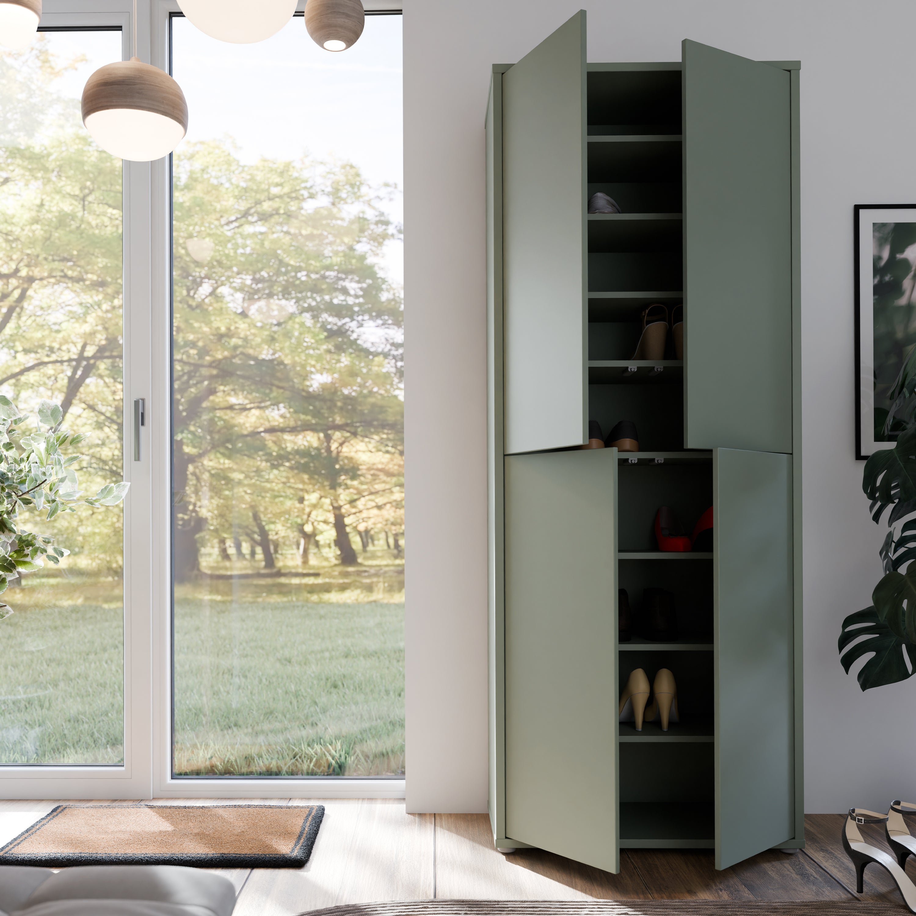 Alice Springs Tall Shoe Cabinet with 4 Doors Push-to-Open in Sage Green