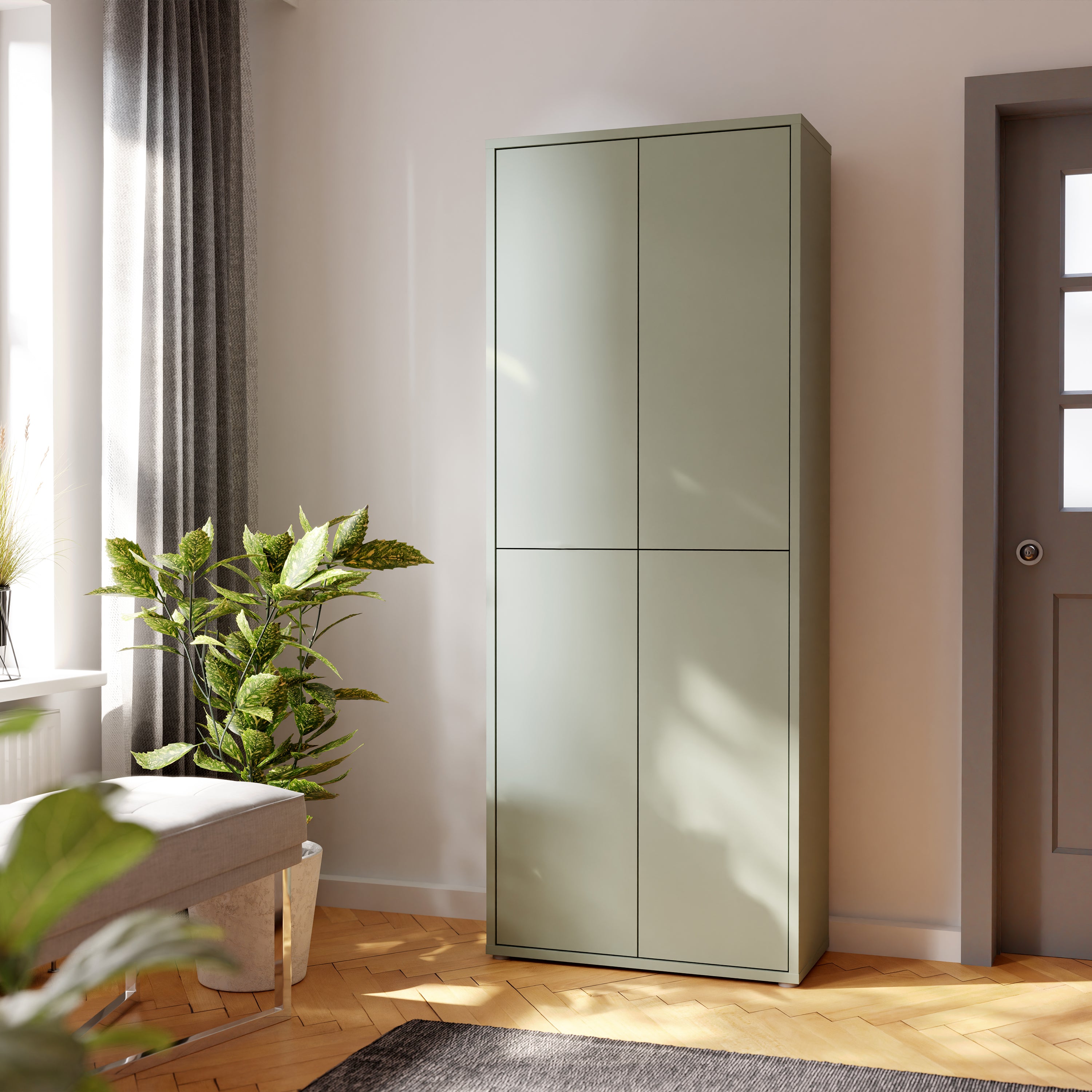 Alice Springs Tall Shoe Cabinet with 4 Doors Push-to-Open in Sage Green
