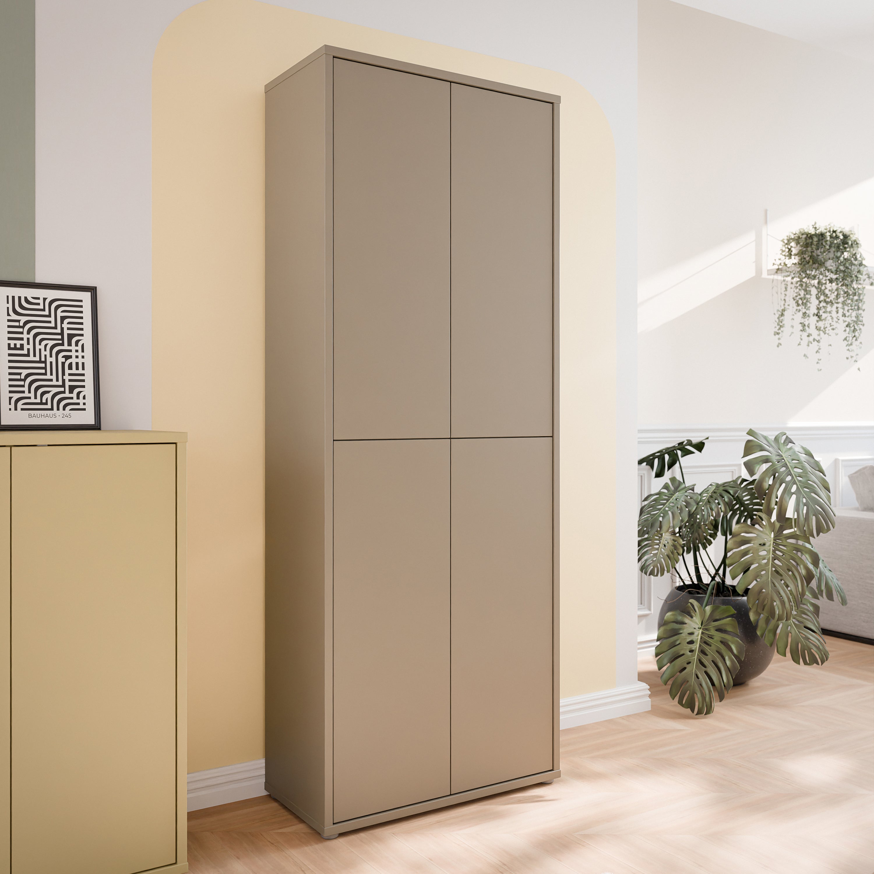 Alice Springs Tall Shoe Cabinet with 4 Doors Push-to-Open in Taupe