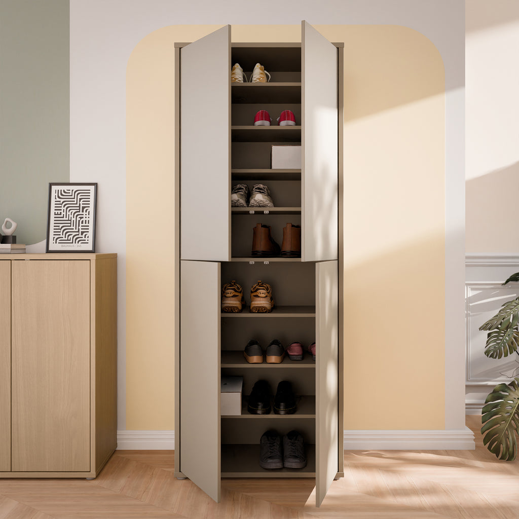 Alice Springs Tall Shoe Cabinet with 4 Doors Push-to-Open in Taupe