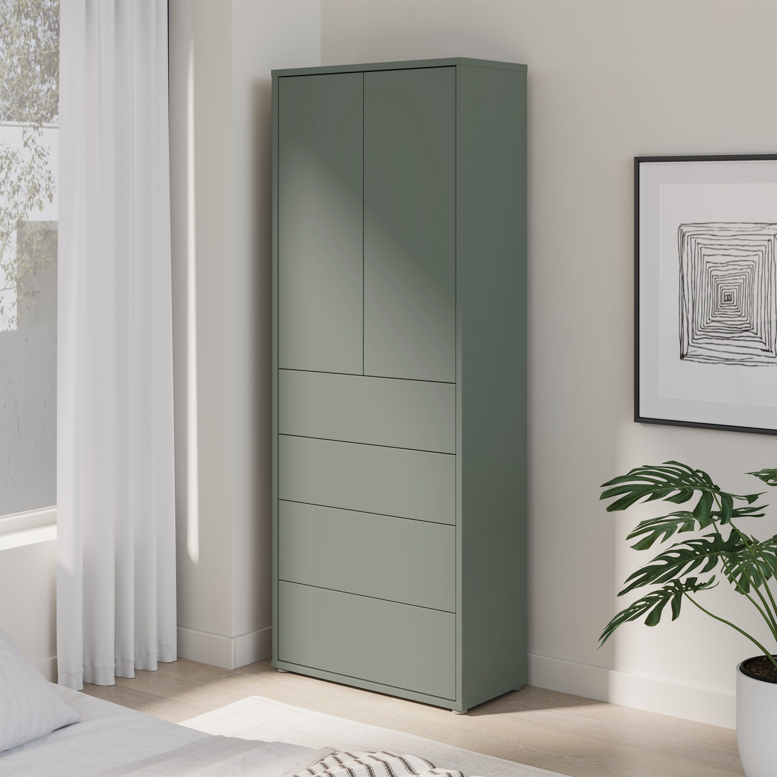 Alice Springs Tall Storage Cabinet with Push-to-Open Doors & 4 Drawers in Sage Green