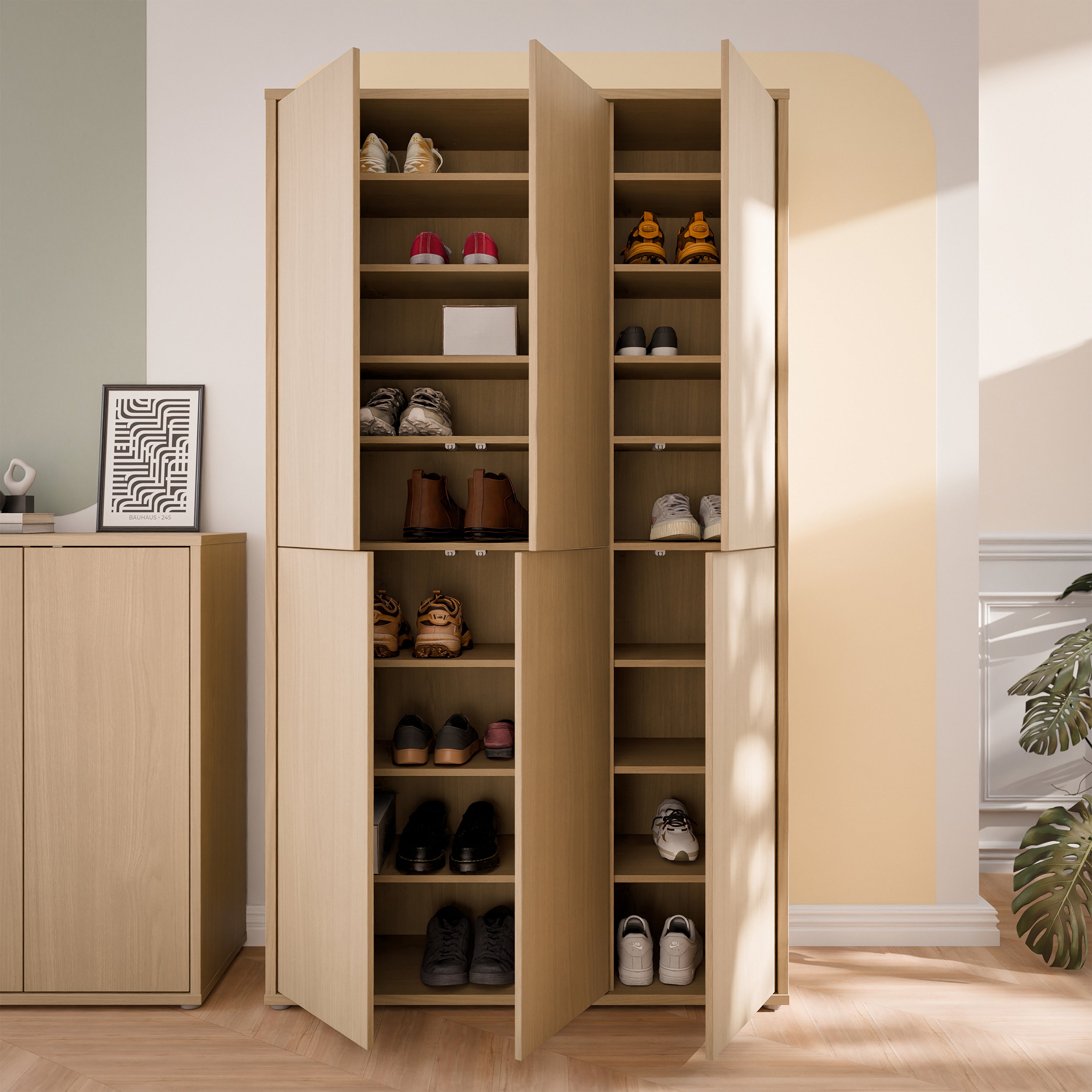 Alice Springs Tall Shoe Cabinet with 6 Doors Push-to-Open in Elegancia Oak