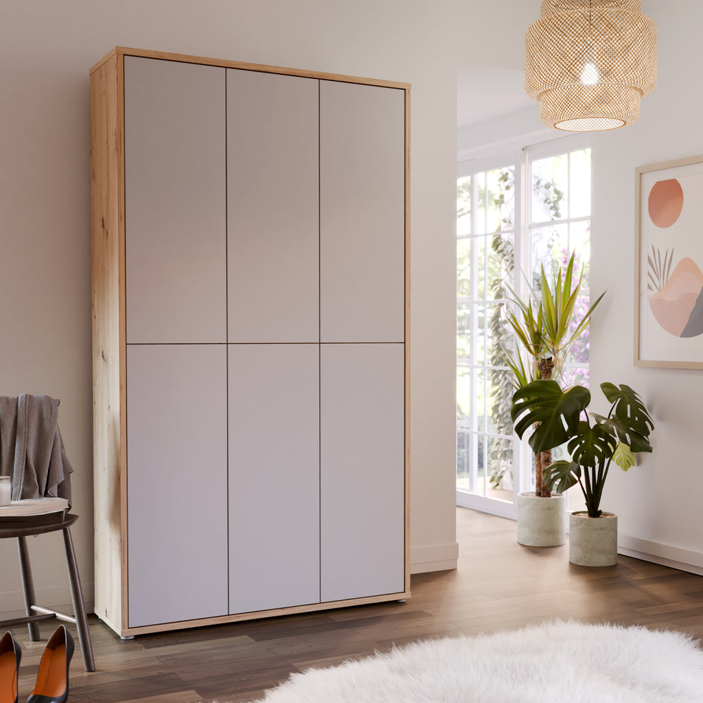 Alice Springs Shoe cabinet with 6 Doors Push-to-Open in Artisan Oak and Light Grey Doors