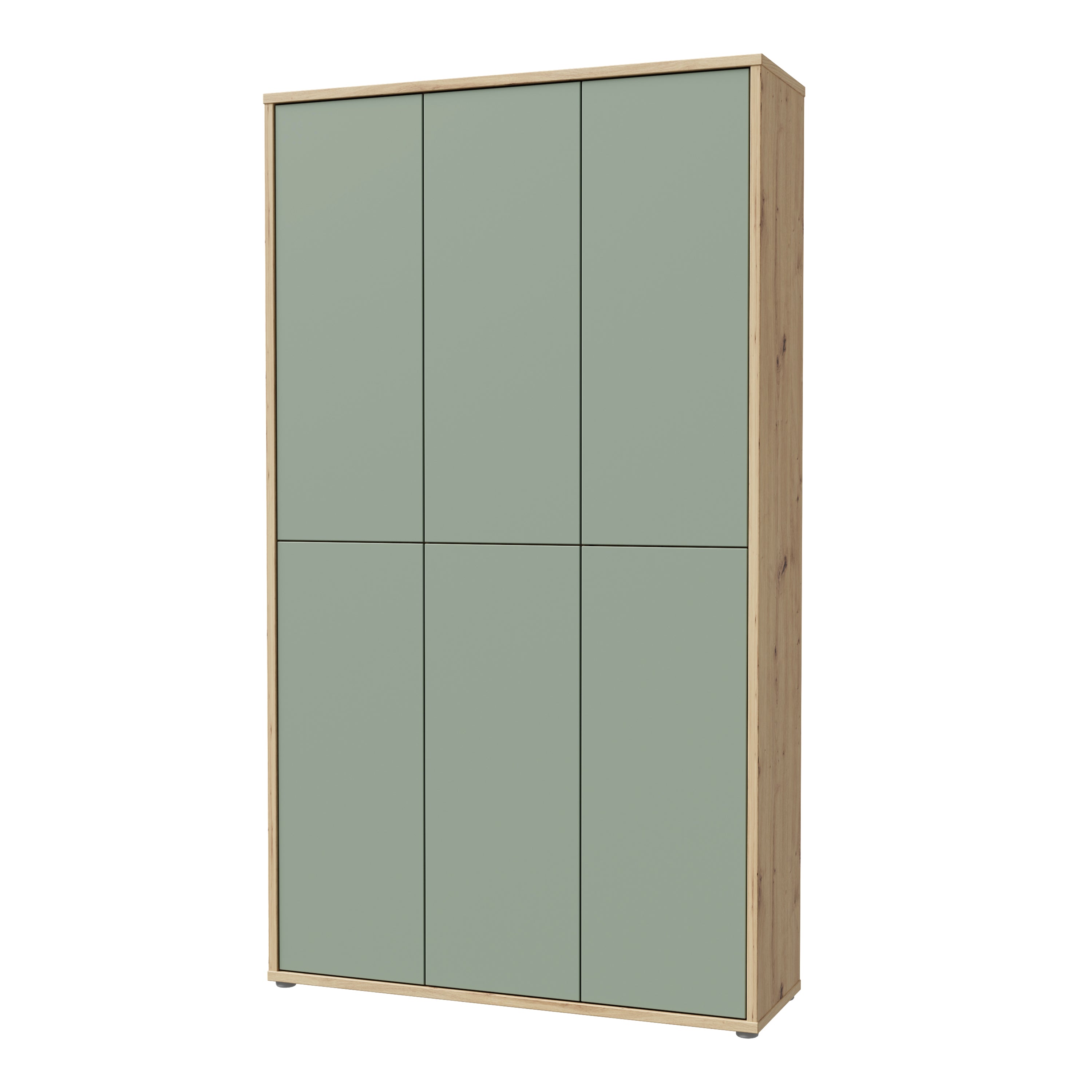 Alice Springs Shoe Cabinet with 6 Doors Push-to-Open in Artisan Oak and Sage Green Doors