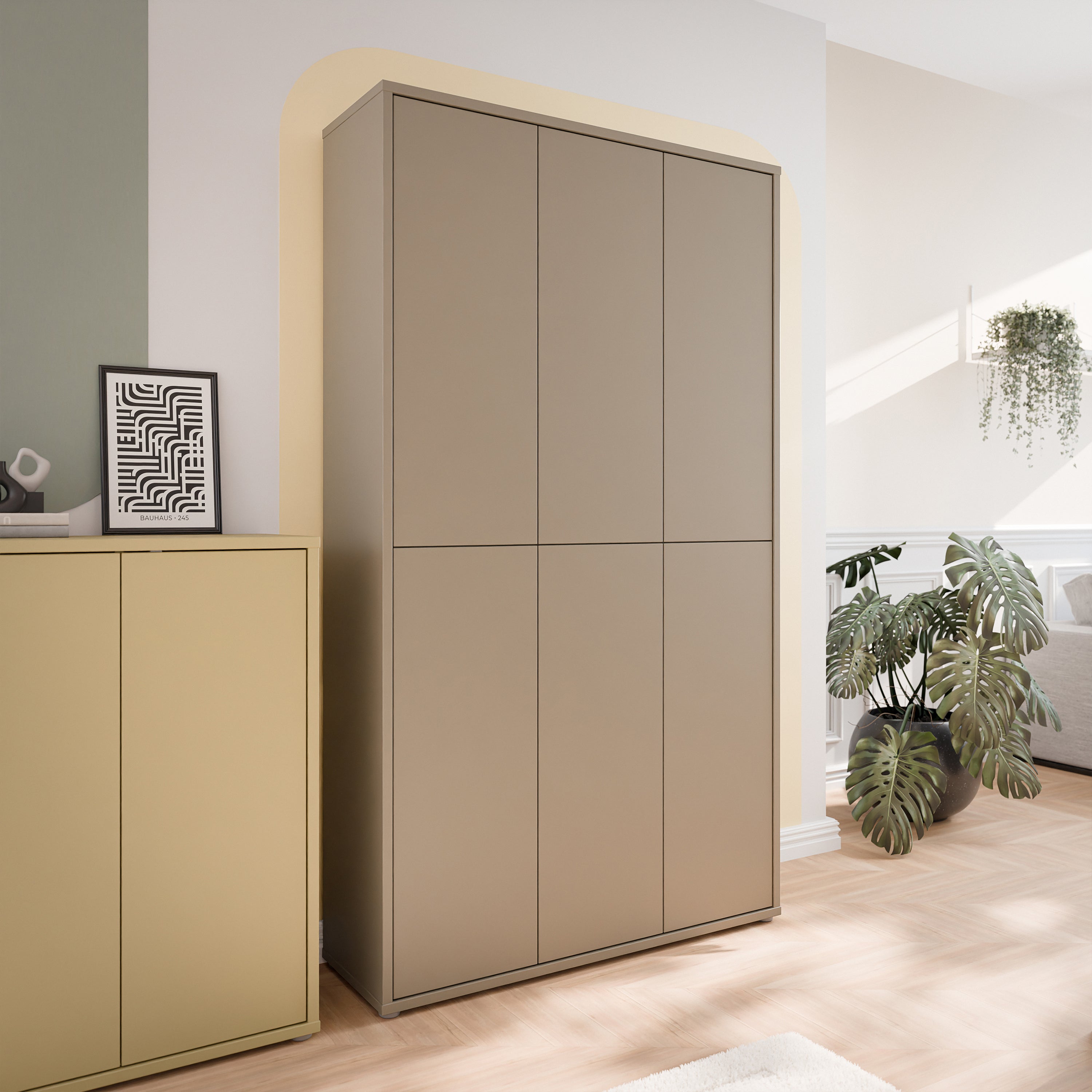 Alice Springs Tall Shoe Cabinet with 6 Doors Push-to-Open in Taupe