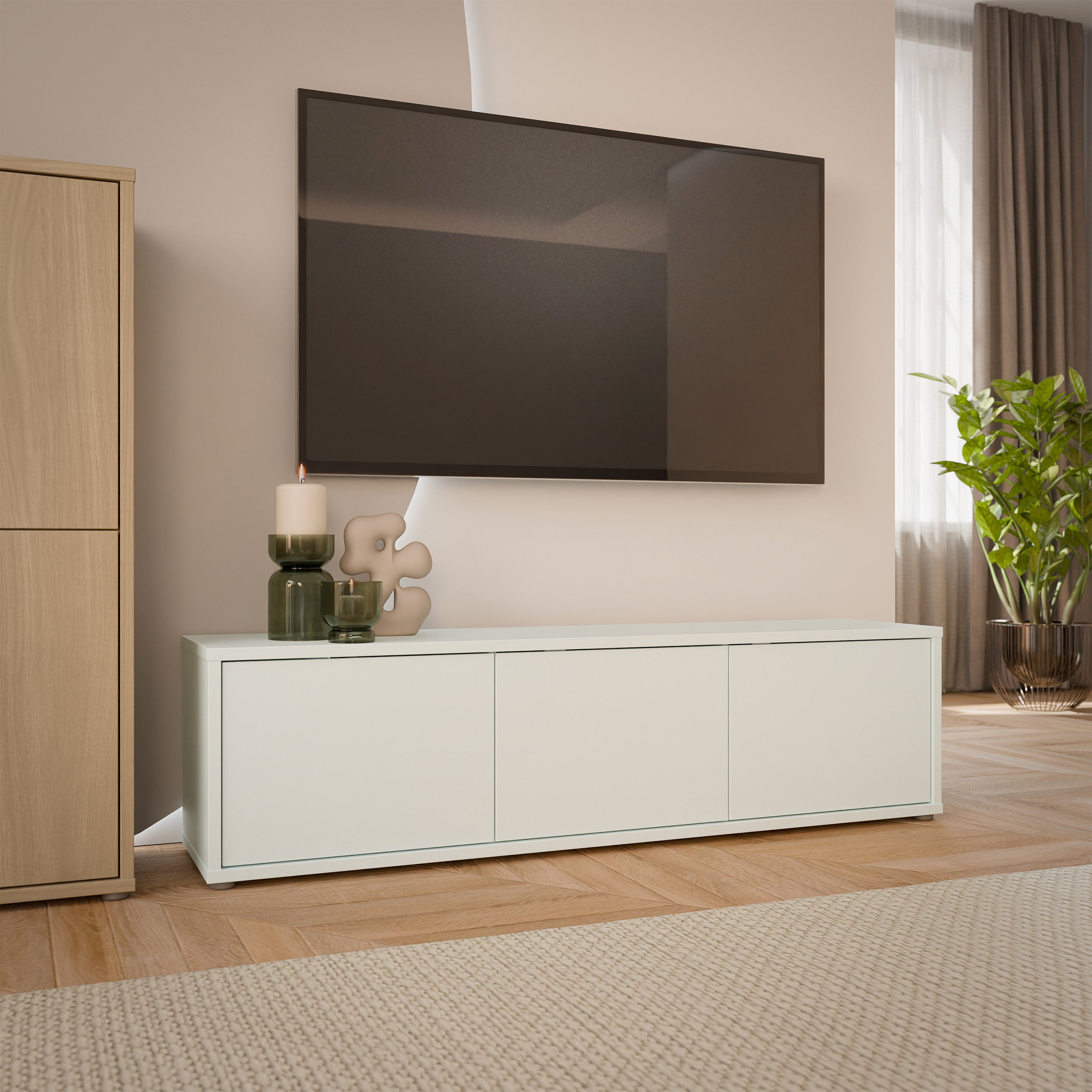 Alice Springs Wide TV Cabinet with 3 Doors Push-to-Open in Light Grey