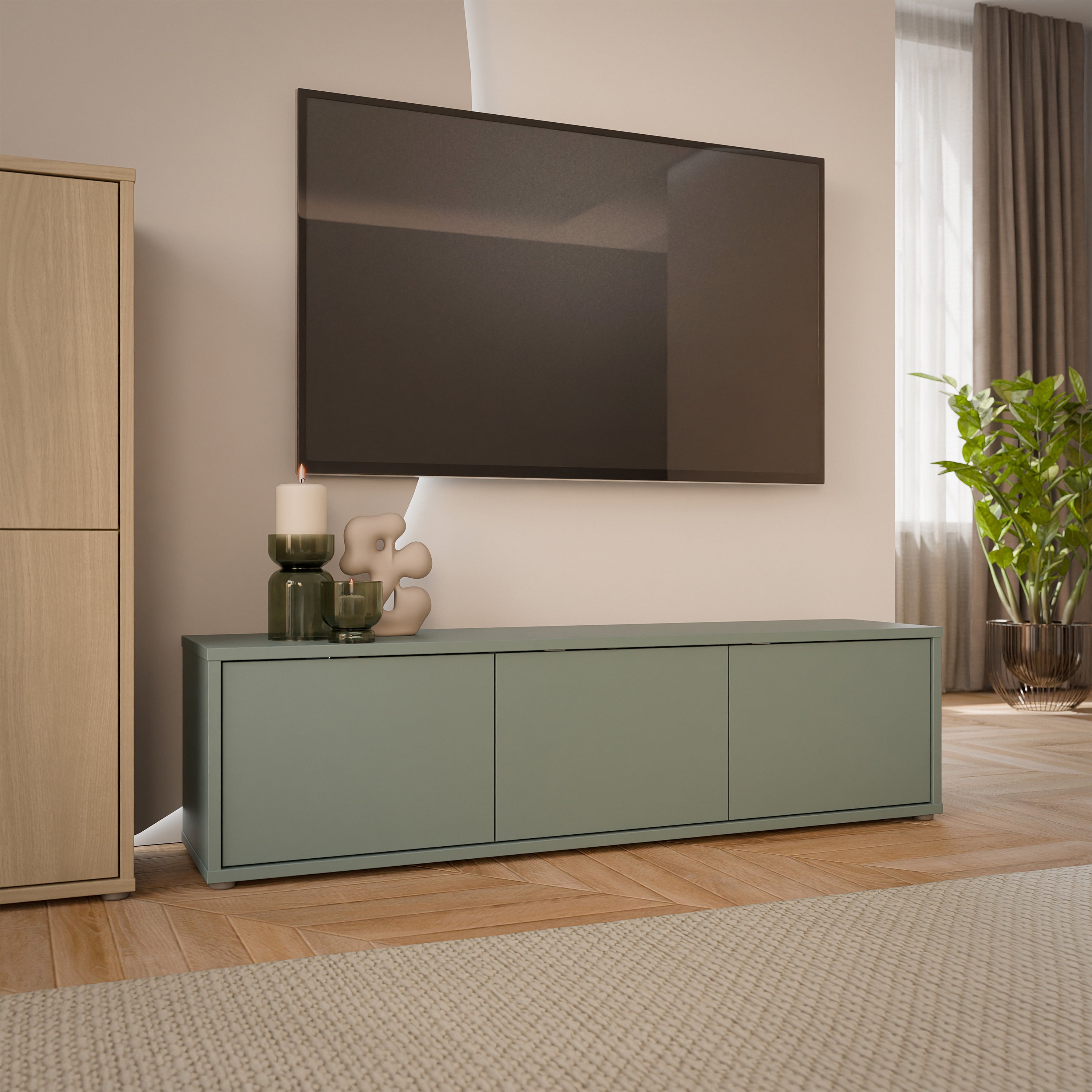 Alice Springs Wide TV Cabinet with 3 Doors Push-to-Open in Sage Green