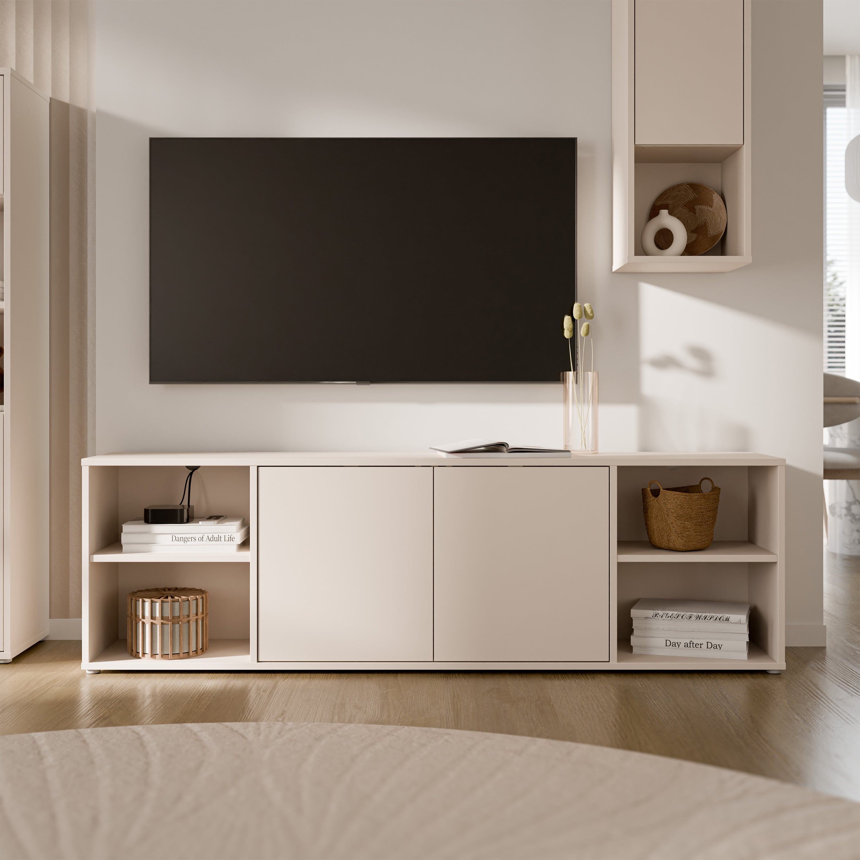 Alice Springs Wide TV Cabinet with 2 Doors Push-to-Open & 2 Open Shelves in Sand