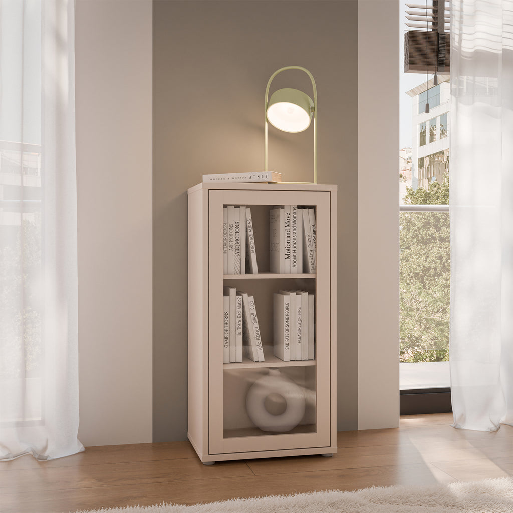 Alice Springs Low Glass Fronted Cabinet with Push-to-Open Door in Sand