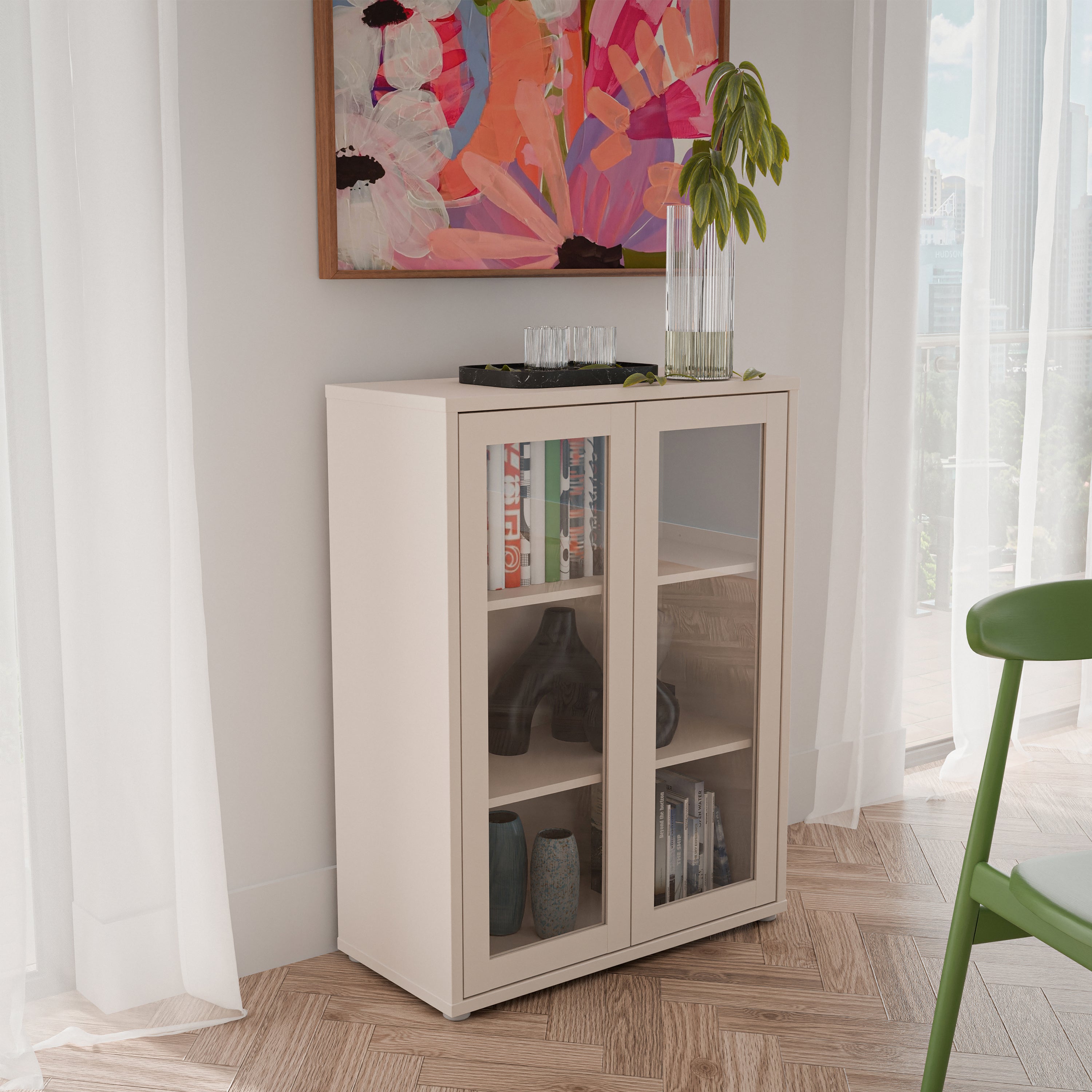 Alice Springs Low Glass Fronted Cabinet with 2 Push-to-Open Doors in Sand