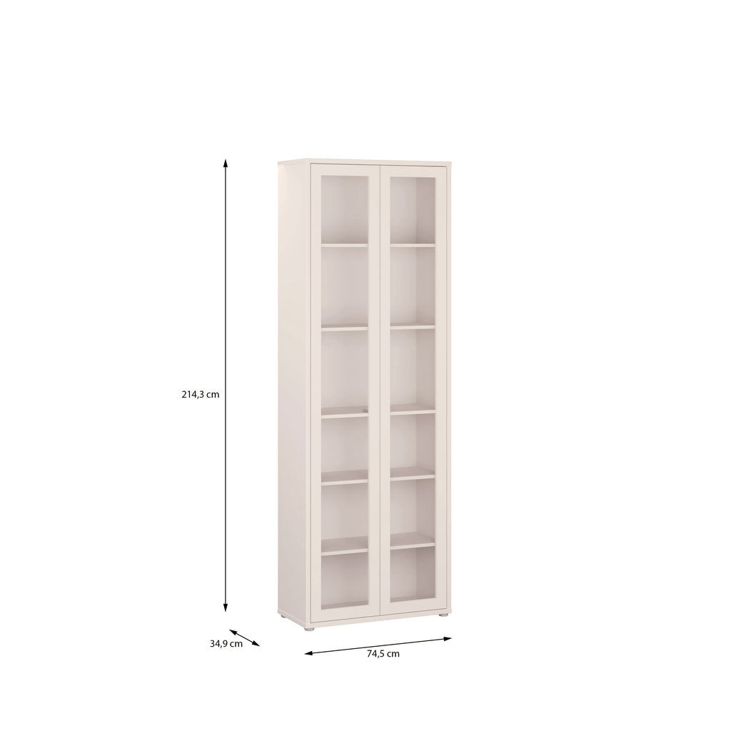 Alice Springs Slim Tall Display Cabinet with 2 Glass Doors Push-to-Open & 5 Shelves in Sand